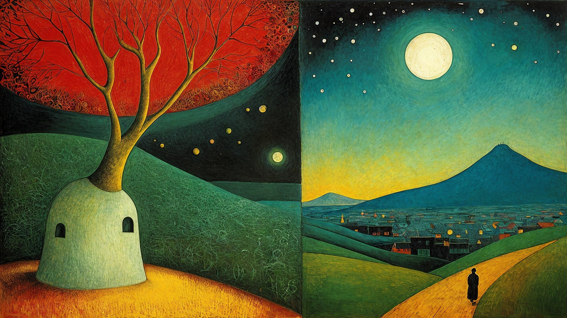 Surreal Landscape and Tranquil Night Scene Contrast