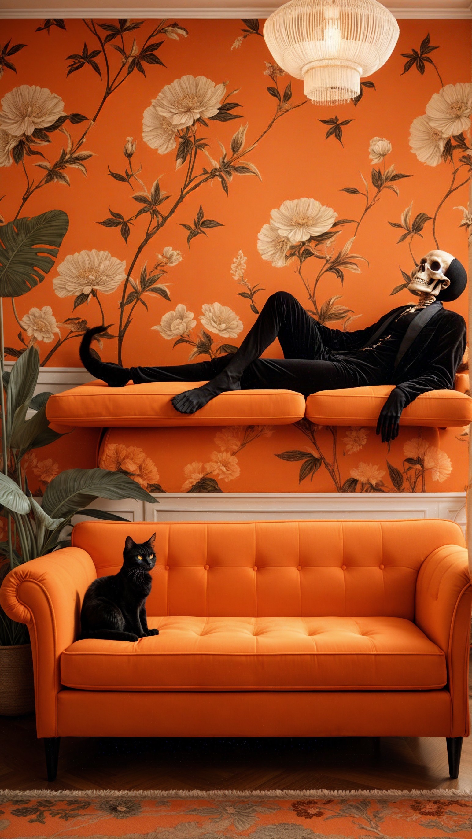 Interior Scene with Orange Decor and Skull Mask Figure