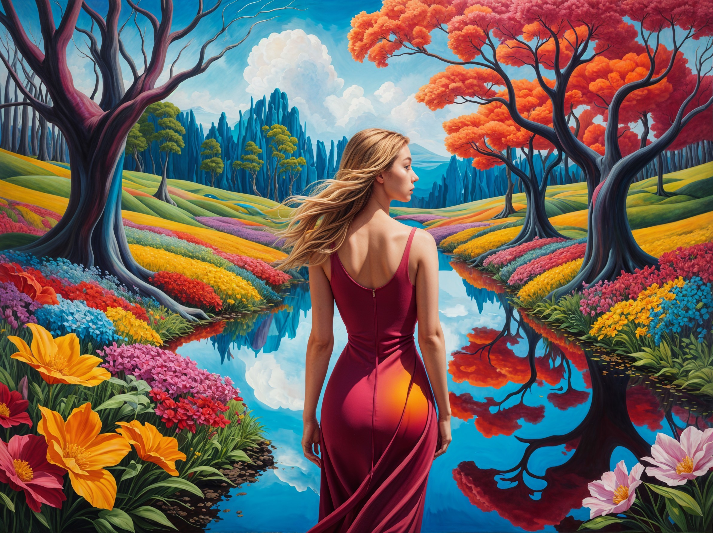 Woman in Burgundy Dress by Serene River Landscape