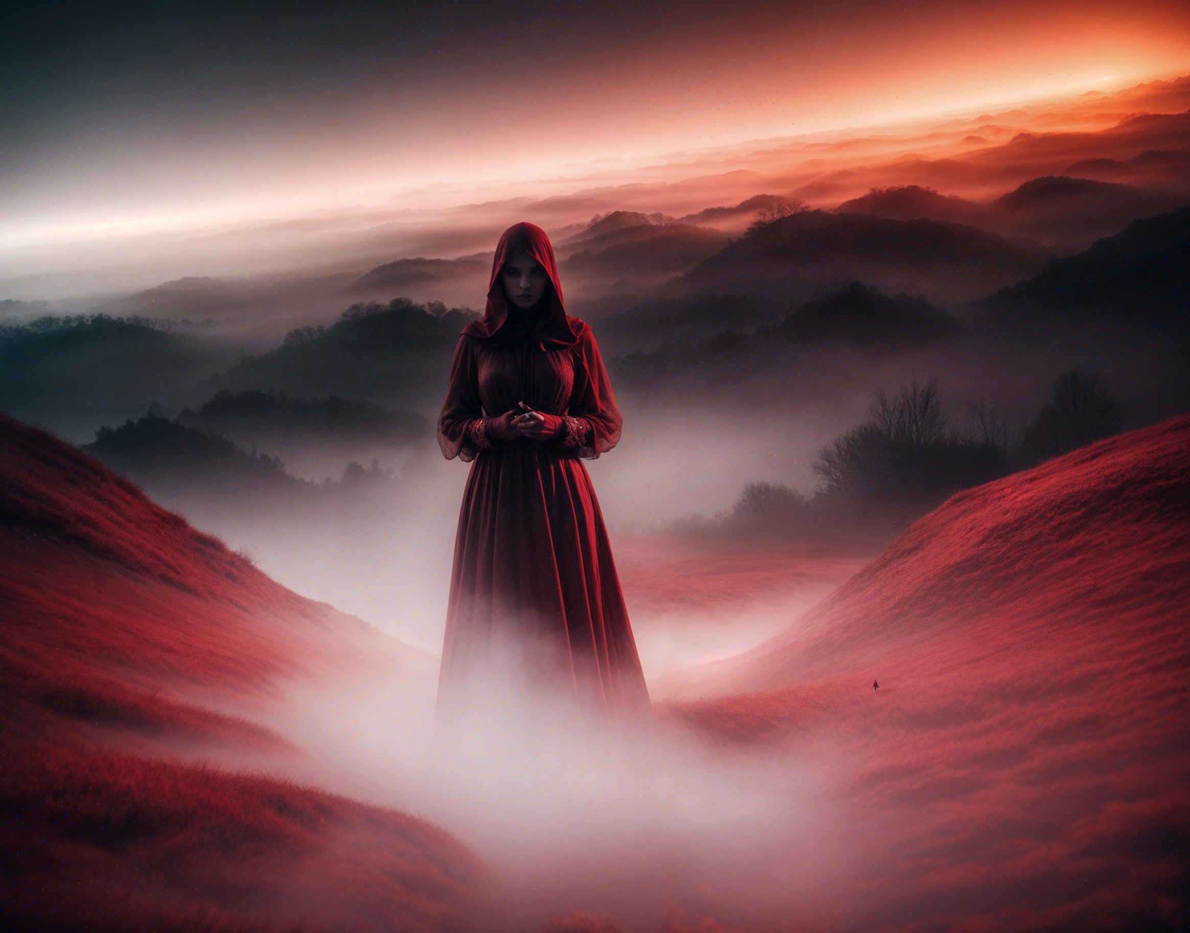 Mysterious Figure in Red Cloak in Foggy Landscape