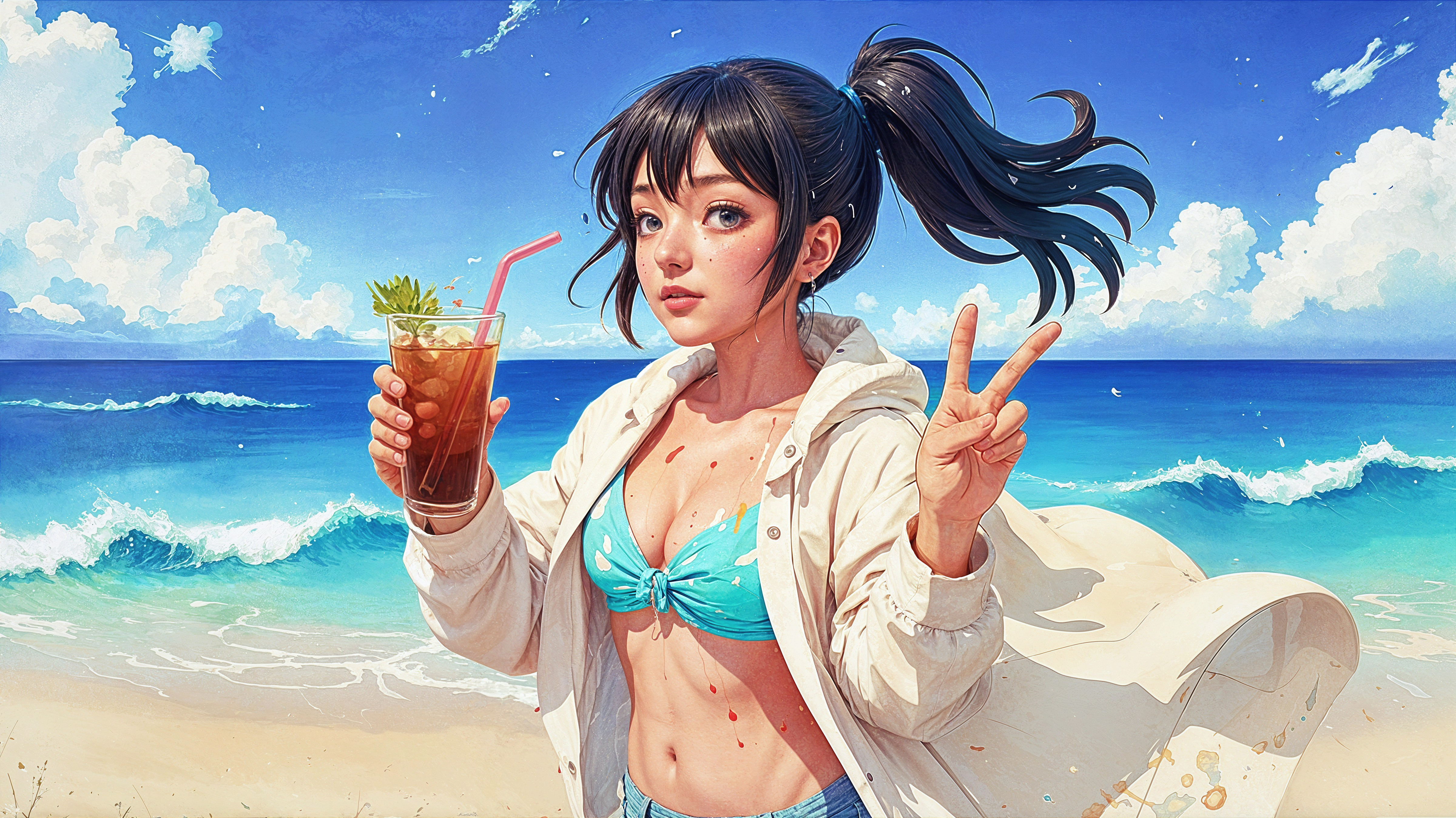 Young woman in bikini on beach with drink and waves