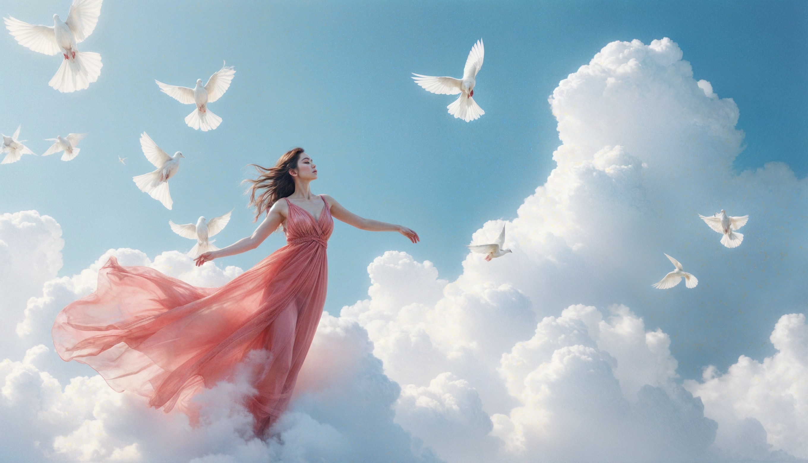 Woman in Pink Dress Among Clouds and Doves