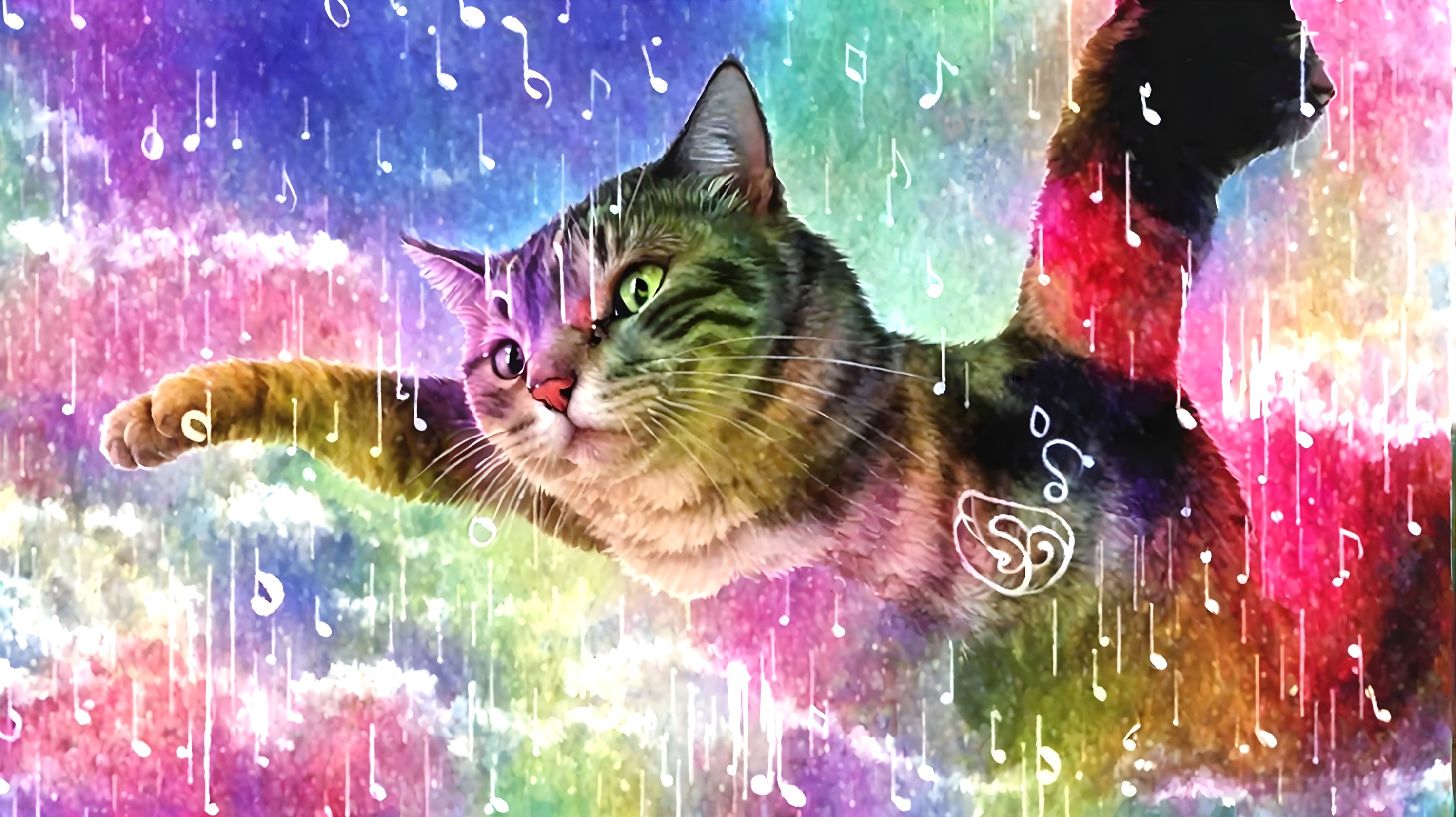 Colorful cat with extended paw on rainbow background with musical notes