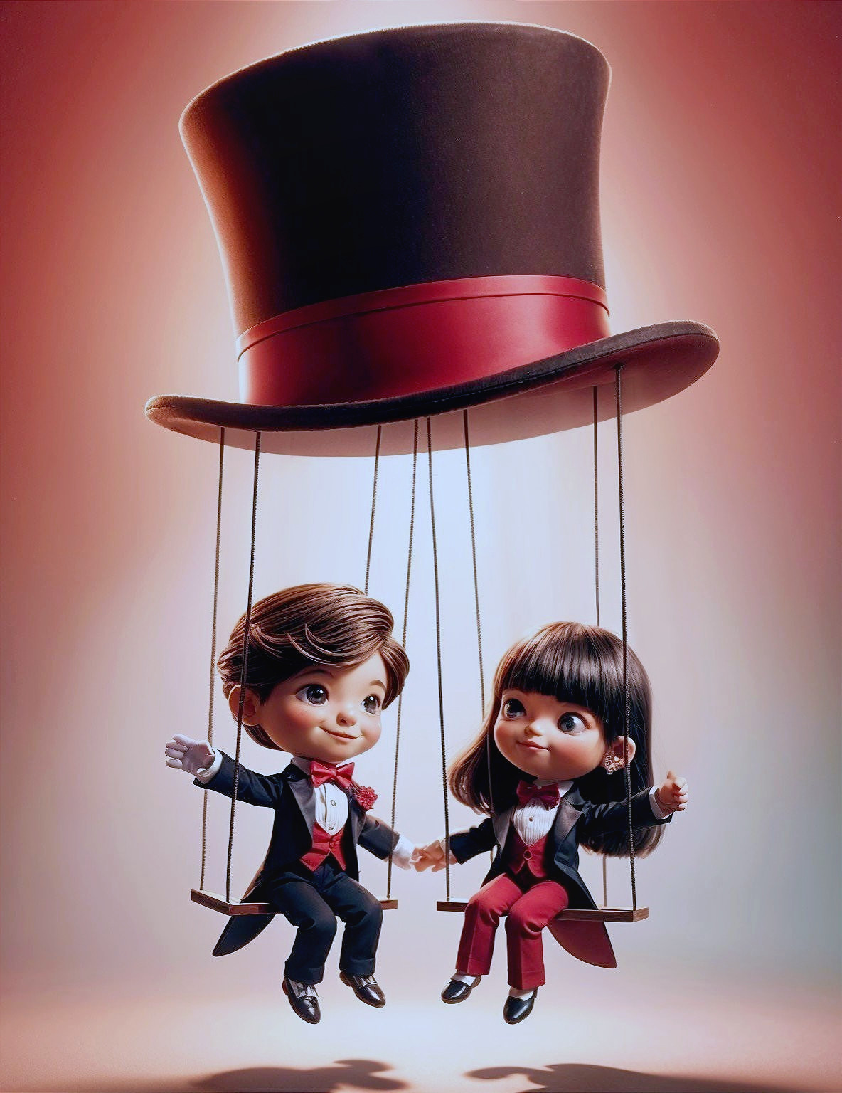 Doll-like Characters in Formal Attire on Swings