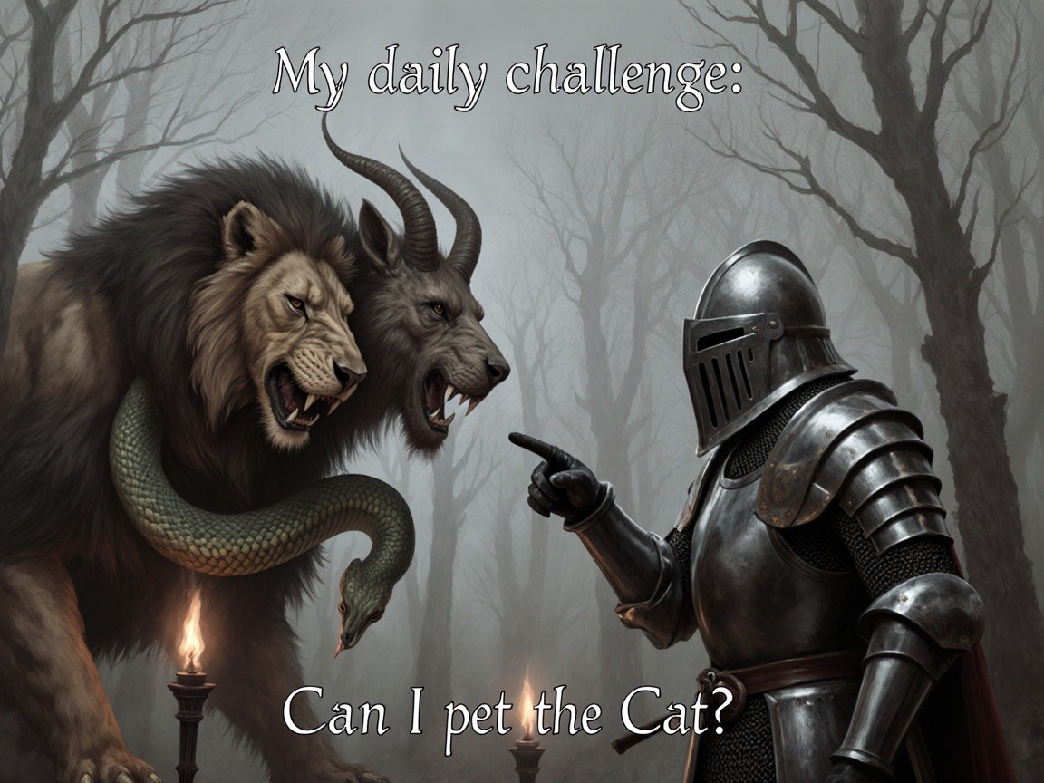 Knight in Armor Faces Lion and Goat in Misty Forest