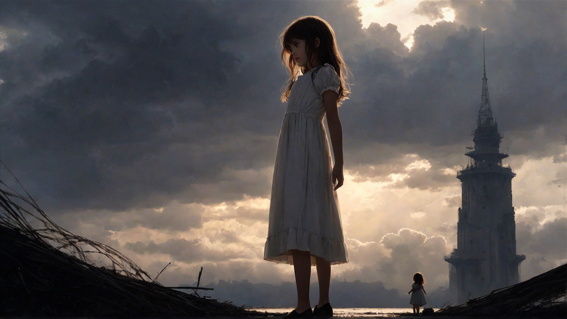 Young girl in white dress in a dramatic landscape