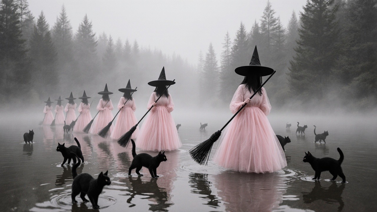 Mystical Forest Scene with Figures and Black Cats