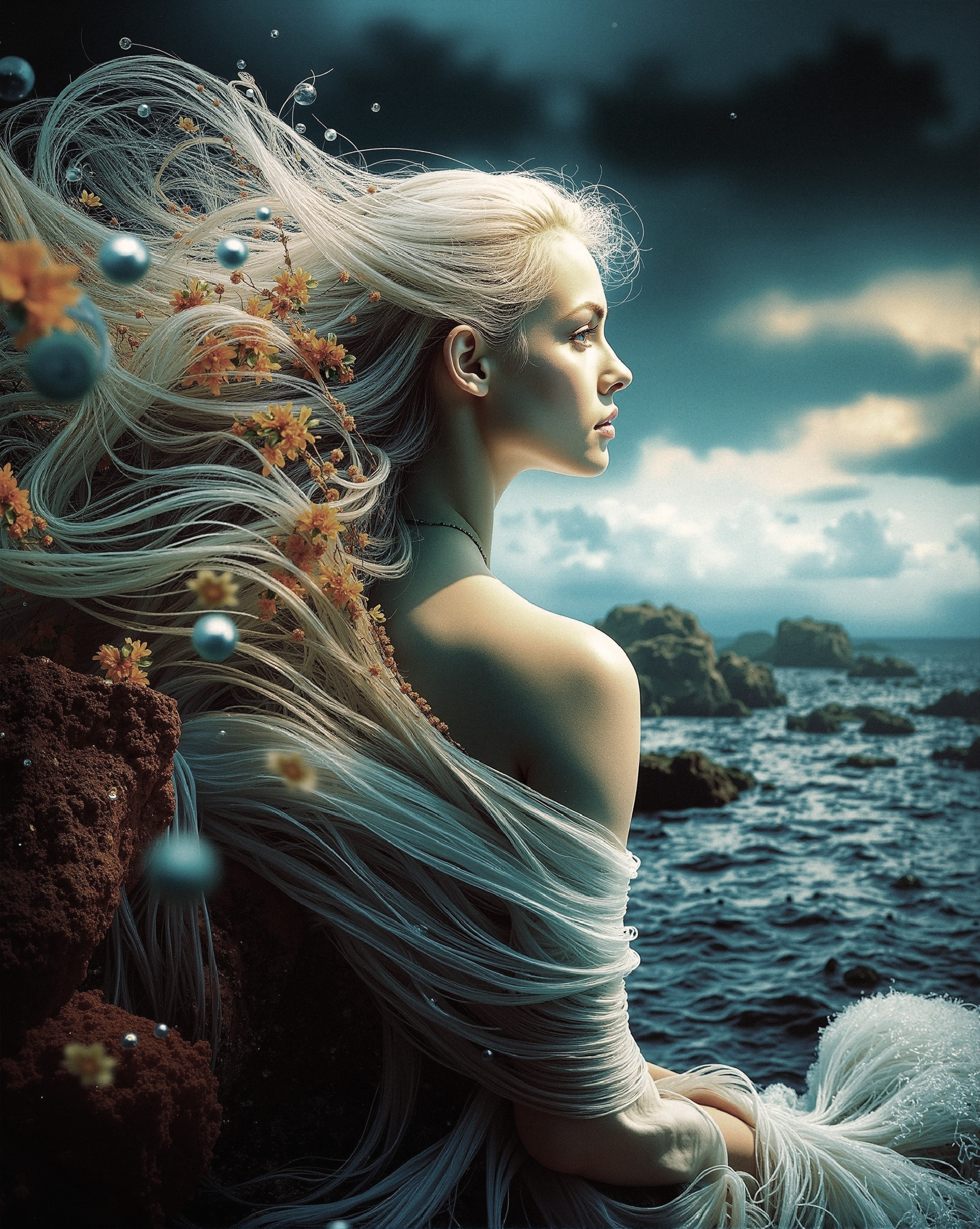 Serene Figure by Ocean with Flowers and Pearls
