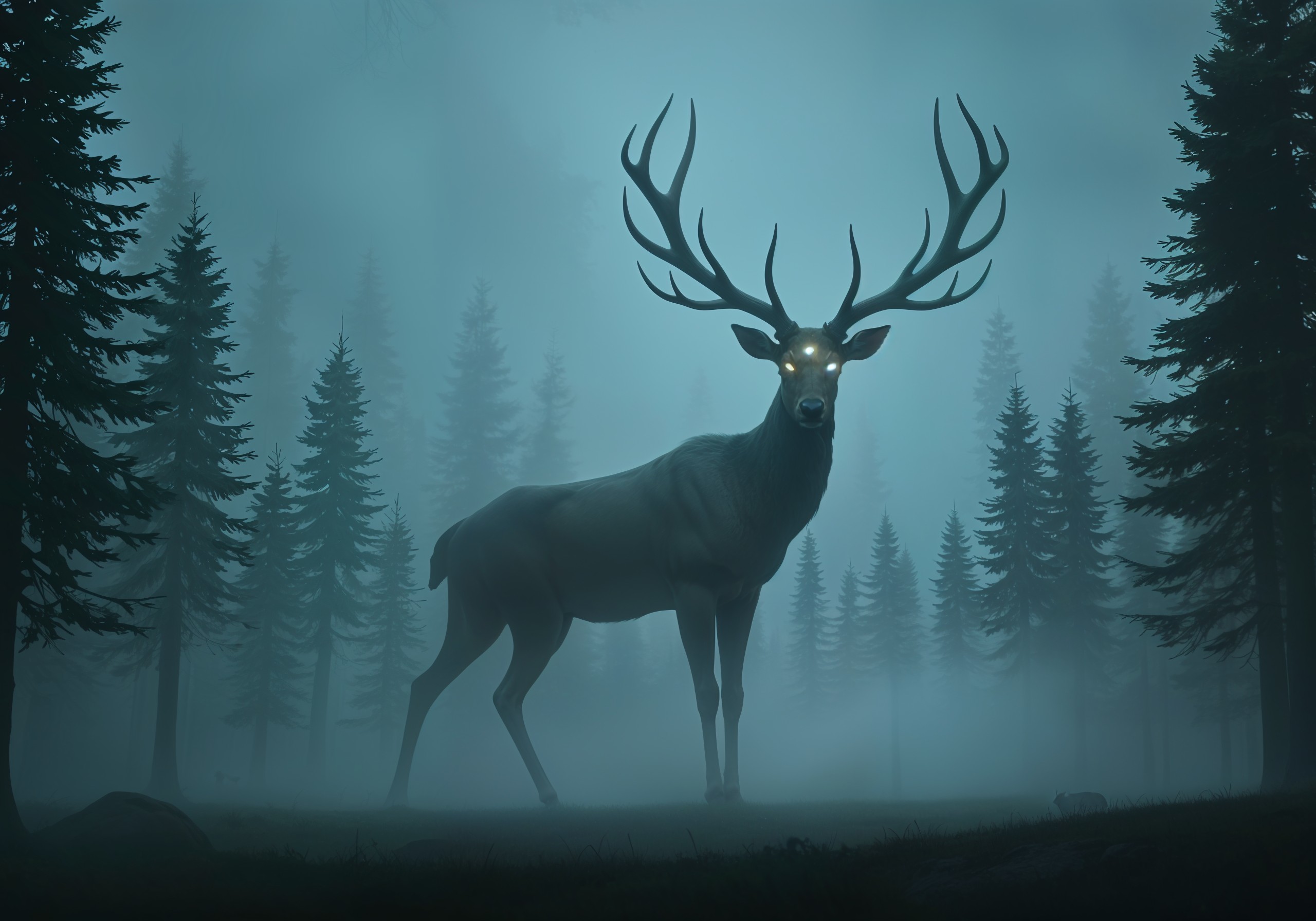 Majestic Stag in a Misty Forest Setting