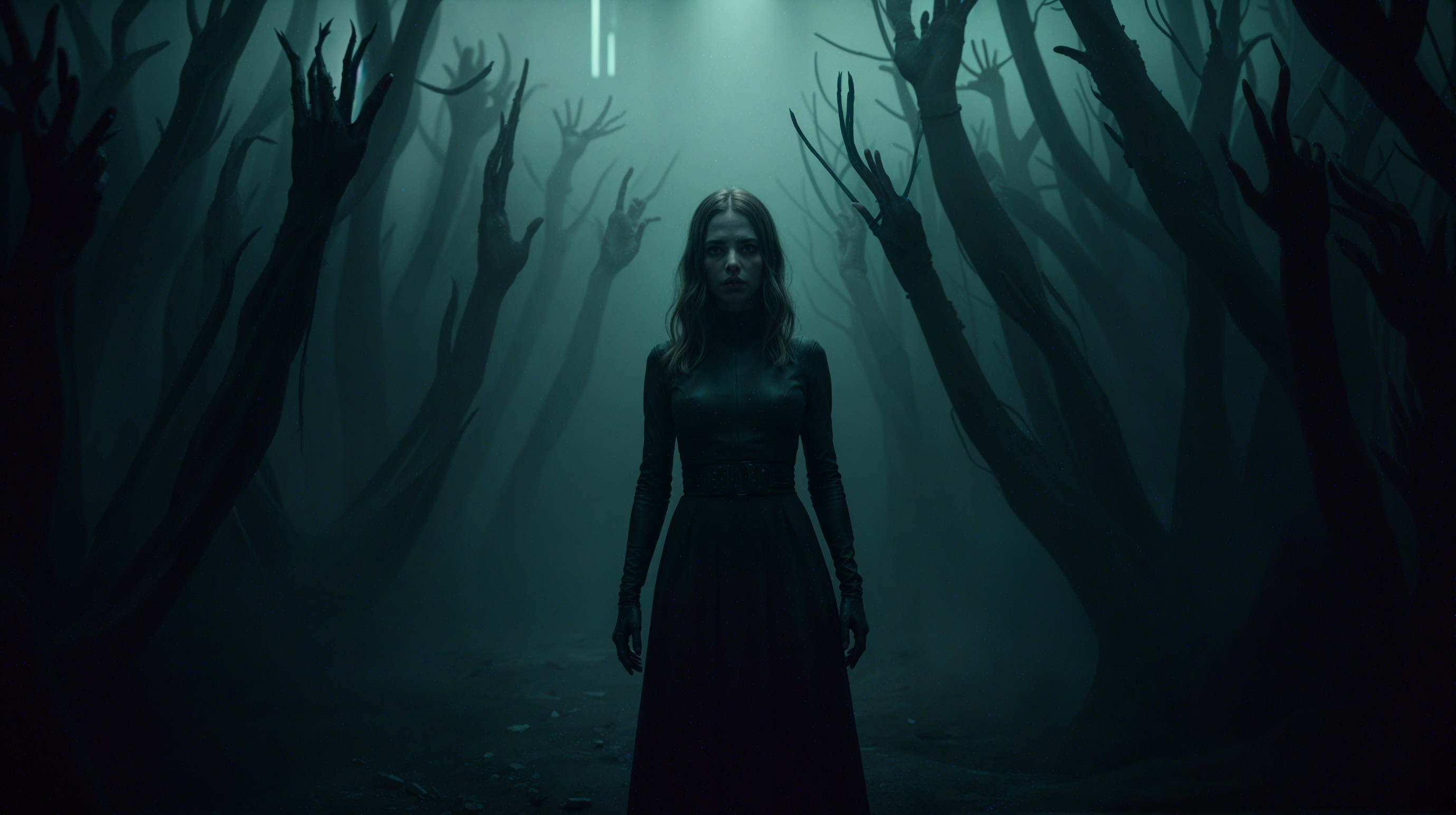 Eerie Forest Scene with Mysterious Figure and Mist