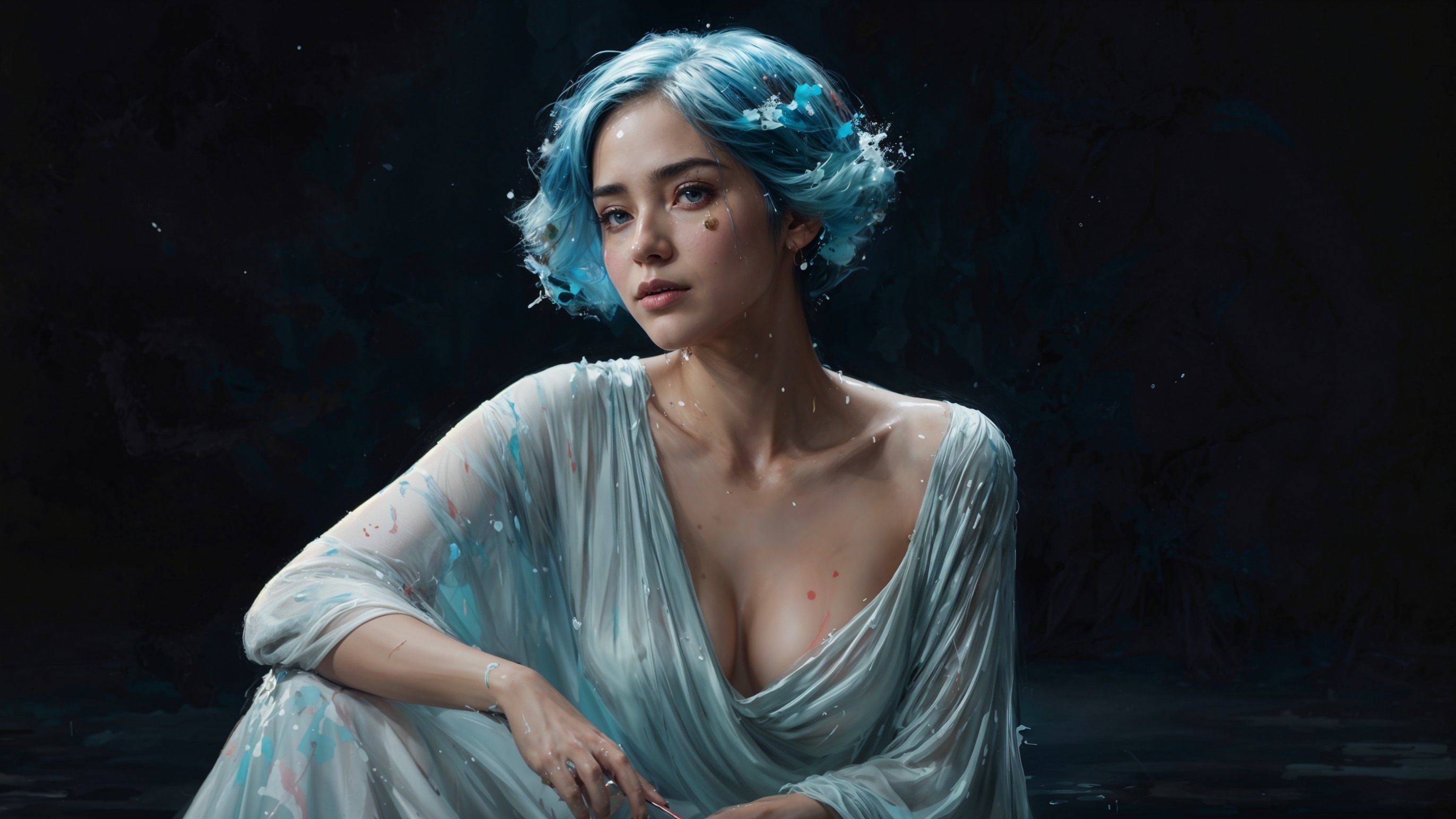 Medium Close-Up of Woman with Teal-Blue Hair and Dress