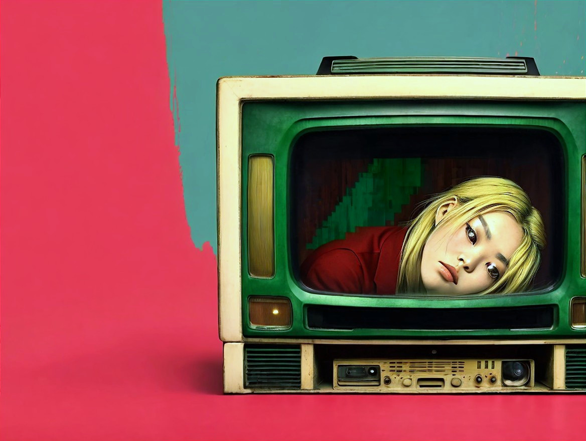 Retro Television Frame with Young Woman's Contemplation