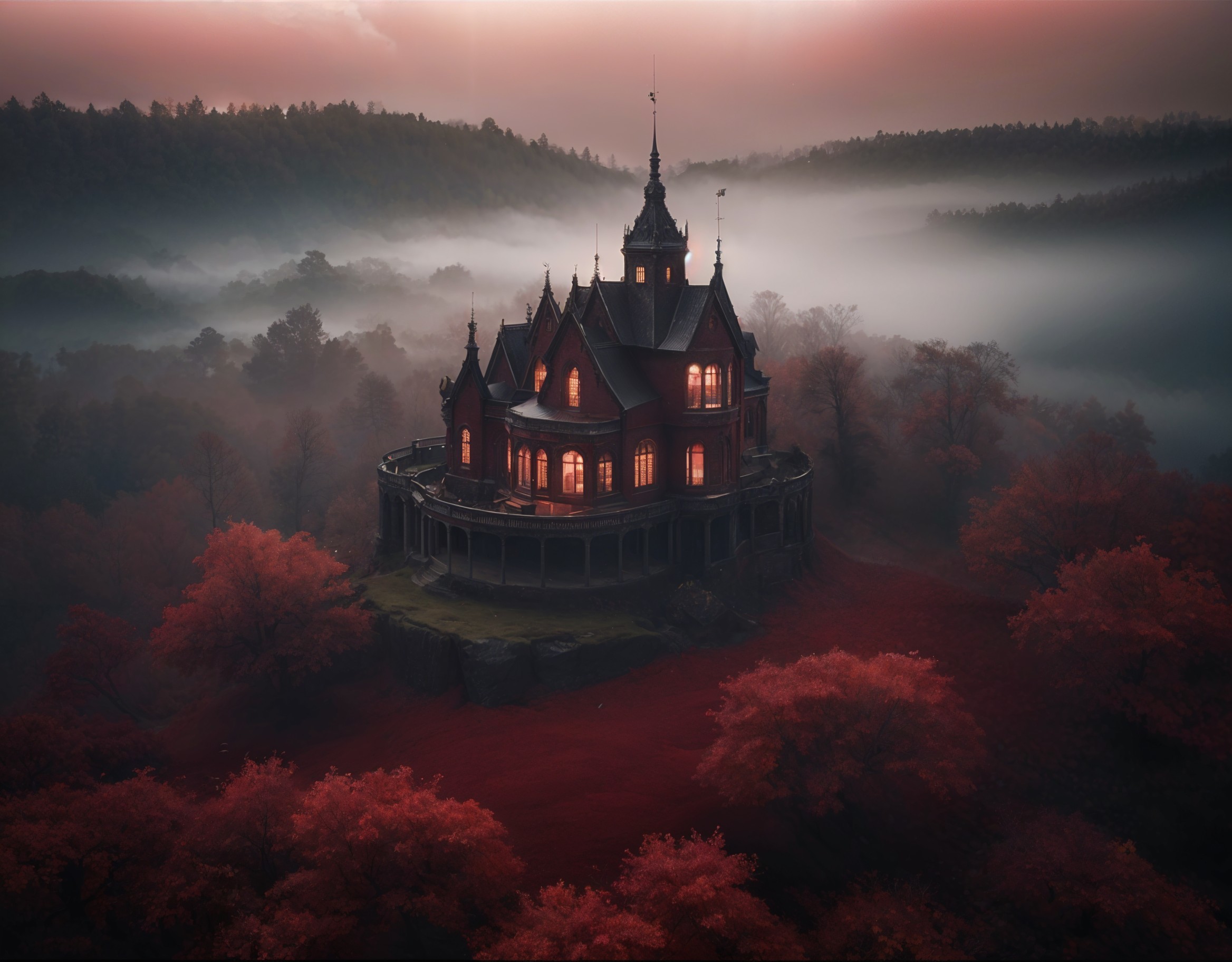 Gothic Mansion Surrounded by Misty Landscape and Foliage