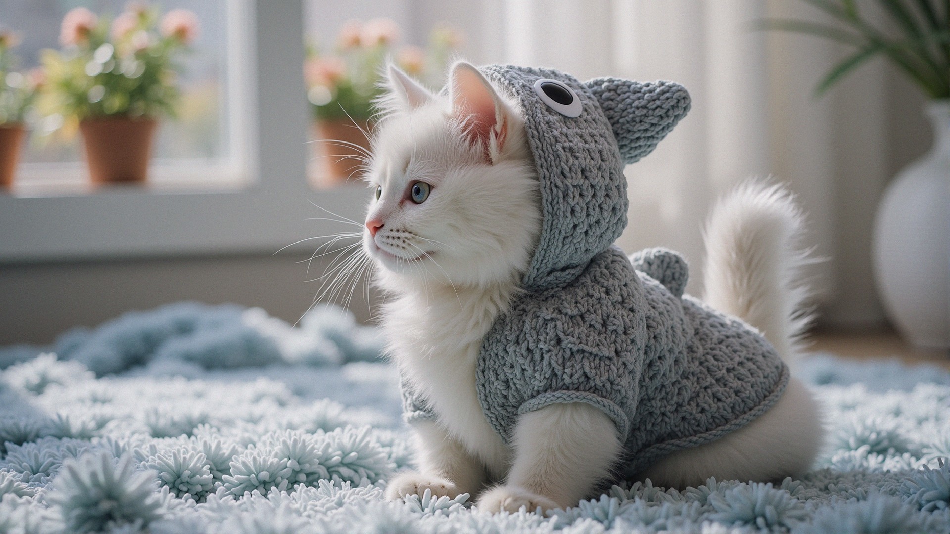 Fluffy white kitten in gray shark costume on blue carpet