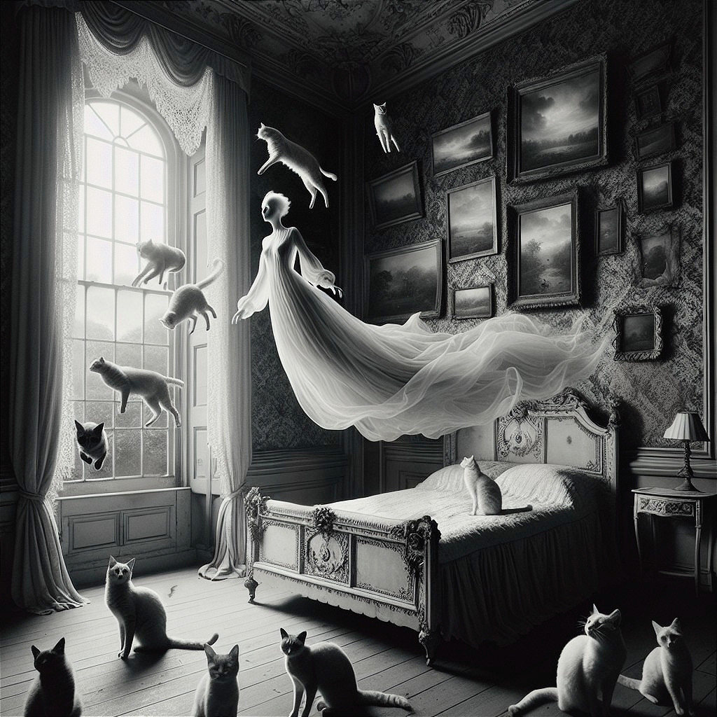 Surreal Room with Ghostly Figure and Floating Cats