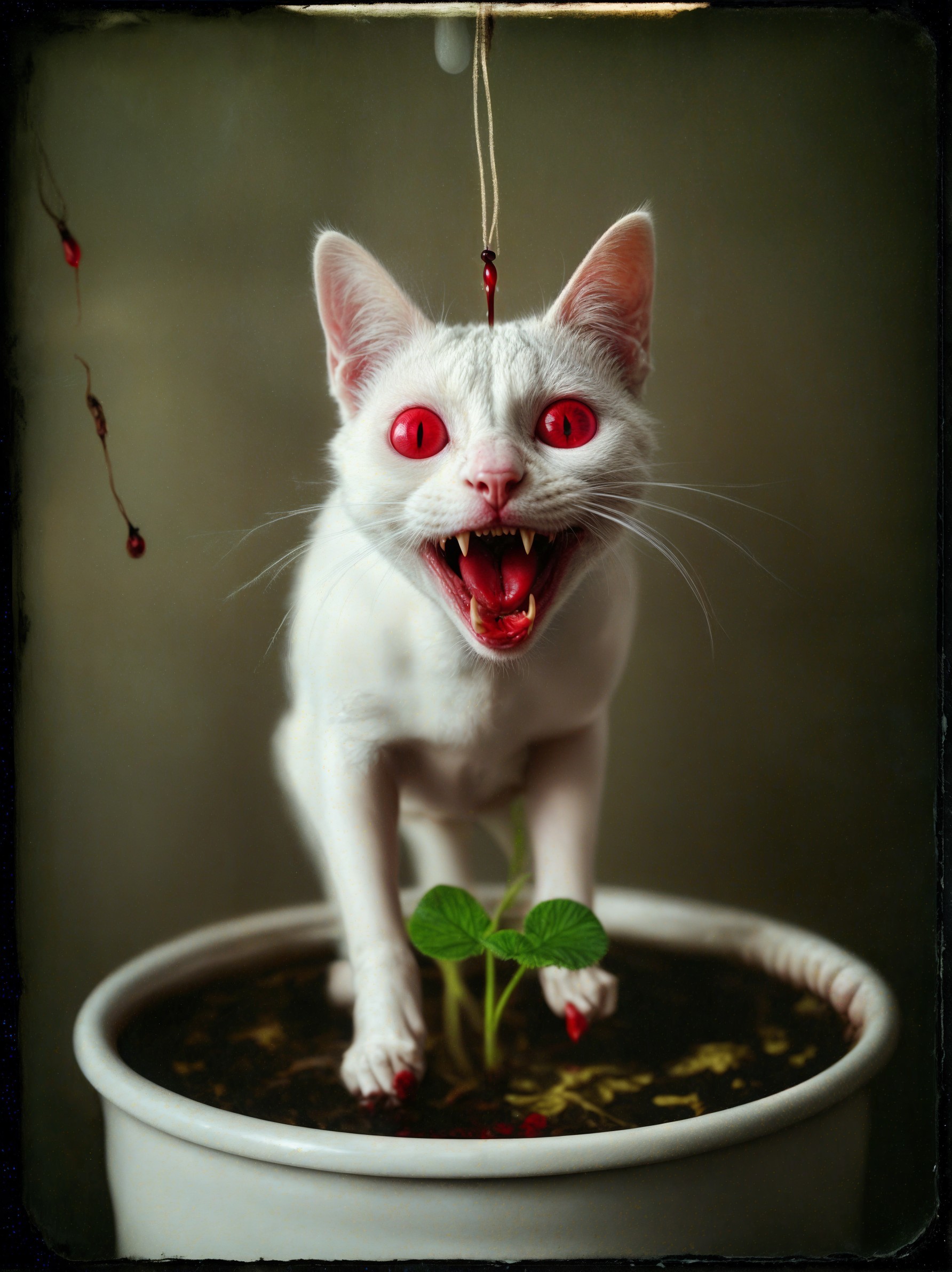 Surreal White Cat with Red Eyes on Soil Pot