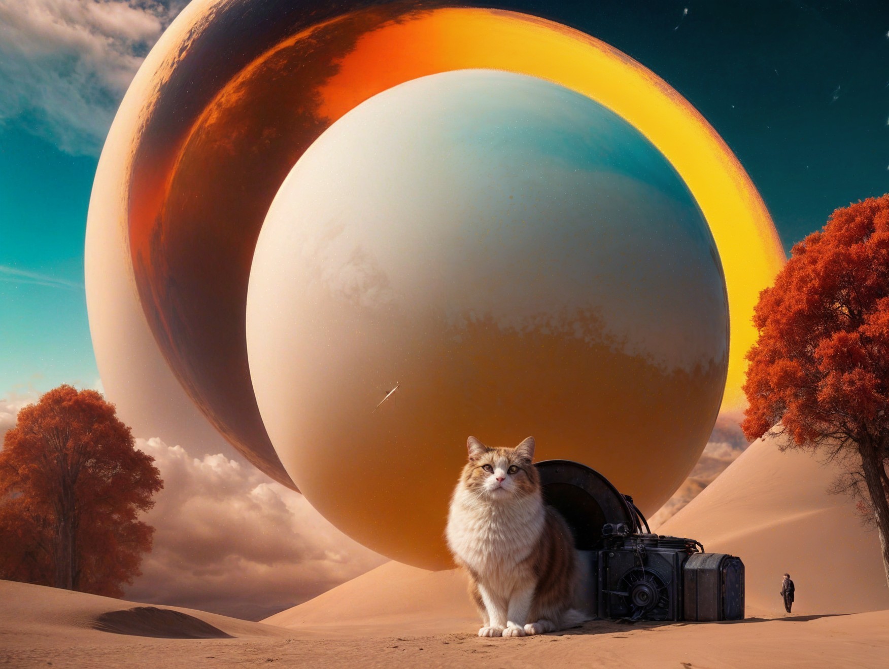 Surreal Desert Landscape with Colorful Planets and Cat
