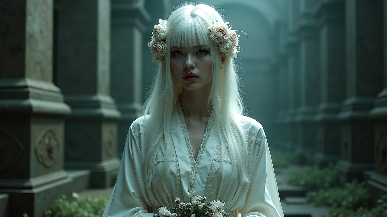 Serene figure in ornate space with majestic columns