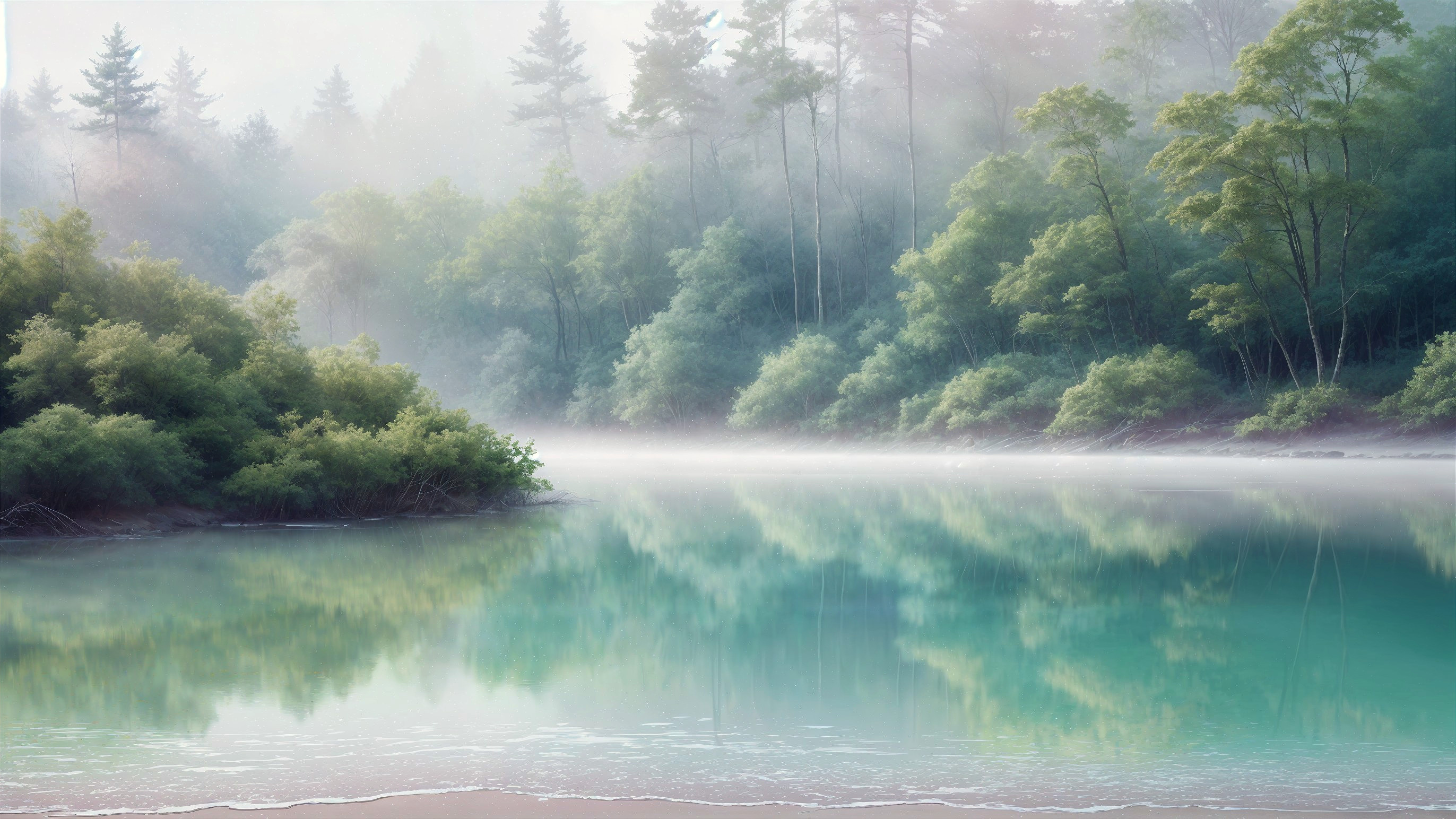Misty Lake Surrounded by Lush Green Trees at Dawn