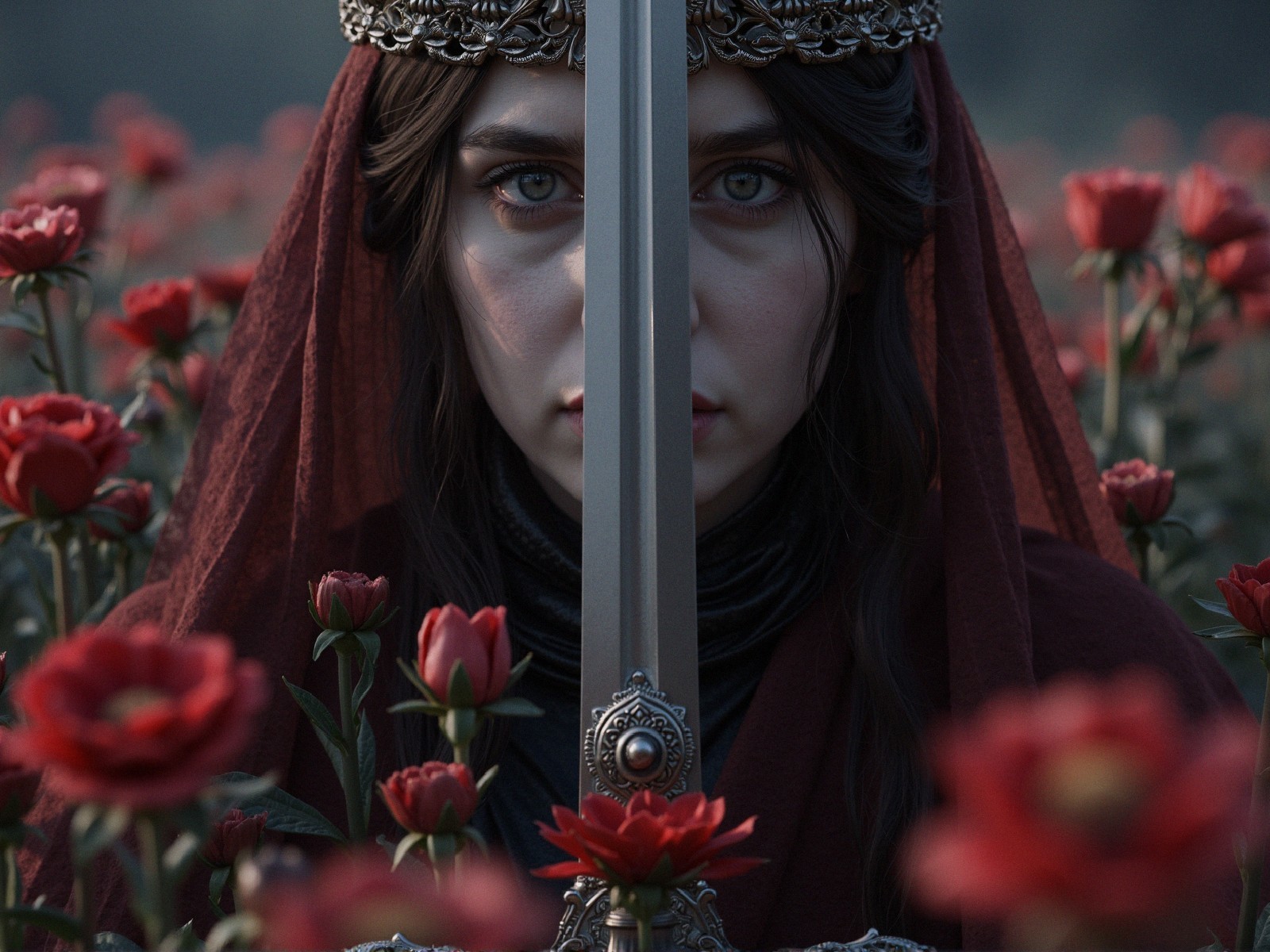 Young Woman in Red Veil Among Roses with Sword