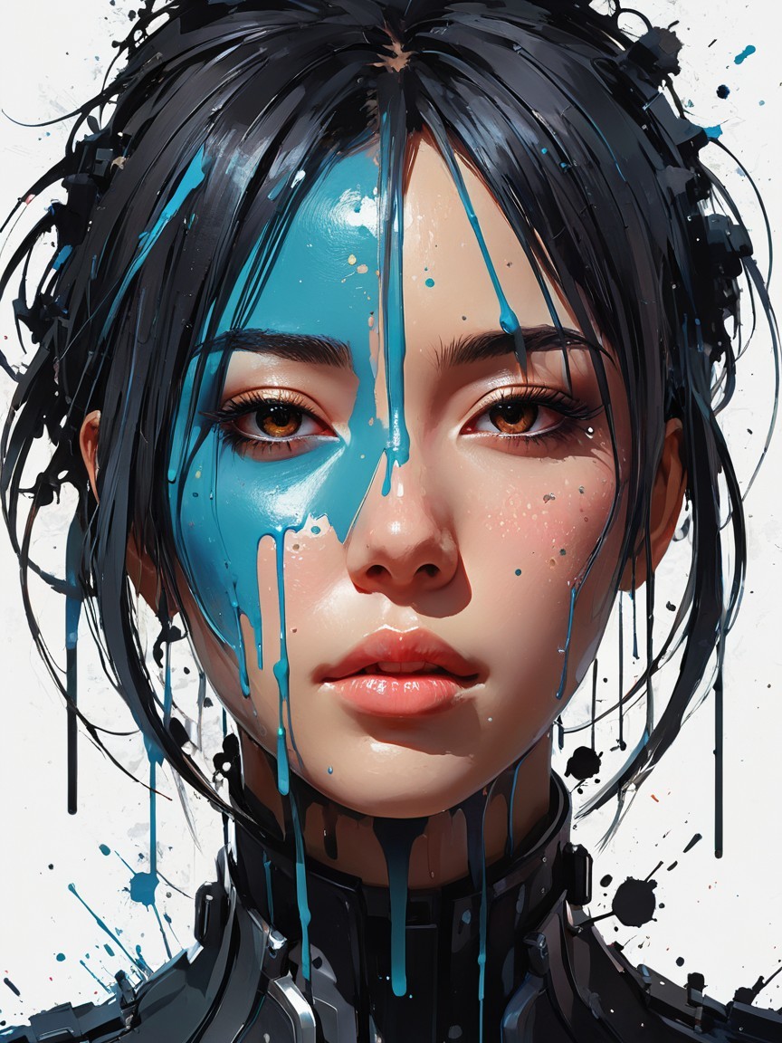 Portrait of a woman with blue paint and dark hair