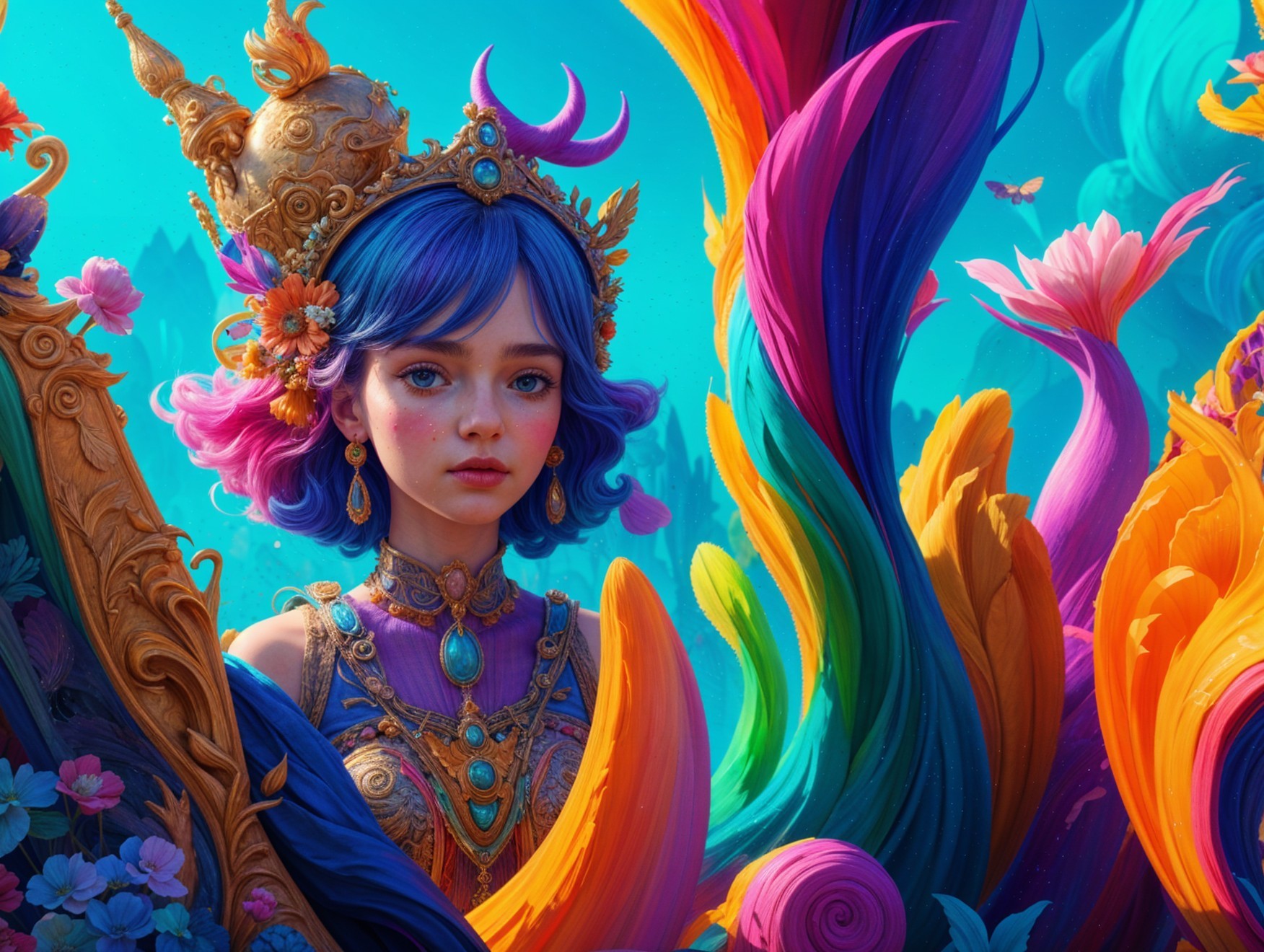 Young woman with blue hair in a colorful landscape
