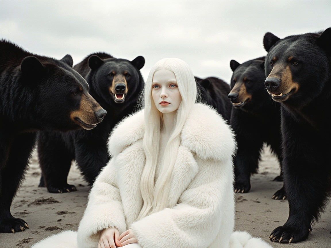 Surreal Scene of Woman and Bears on a Beach