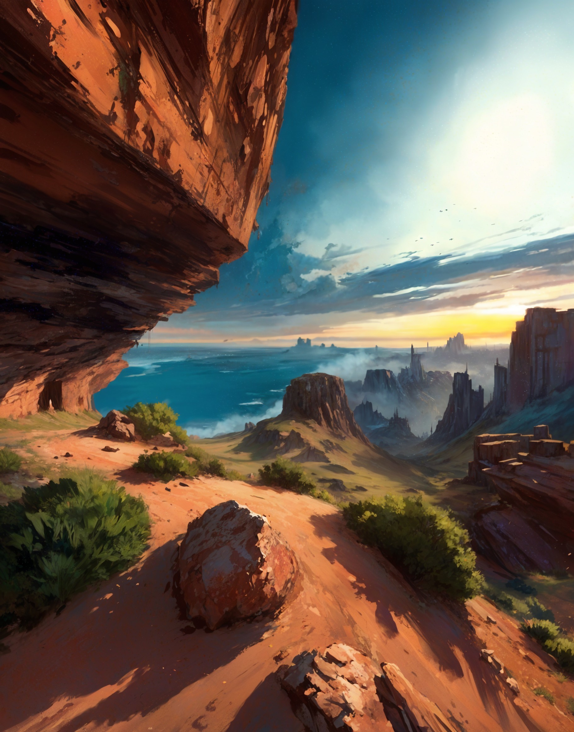 Vibrant Sunset Over Red Rock Landscape and Water