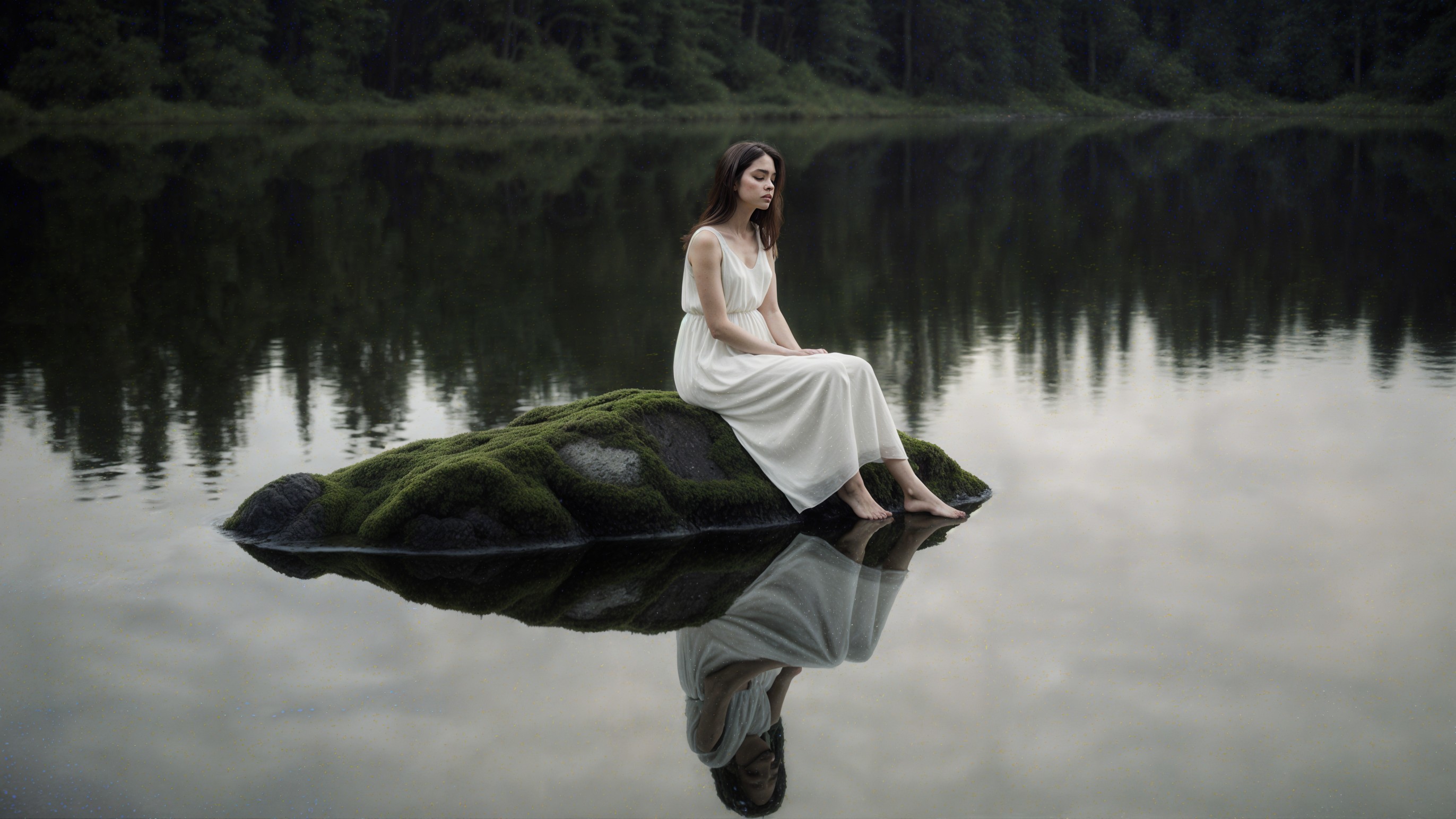 Young Woman in White Dress by Tranquil Lake