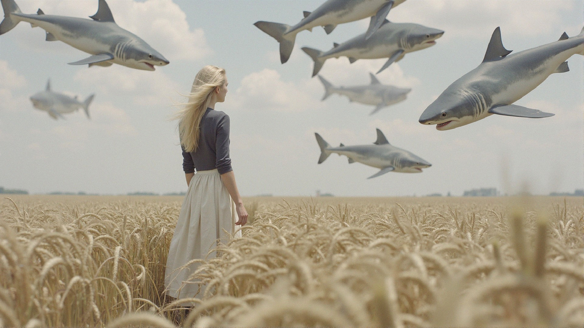Woman in wheat field with flying sharks above