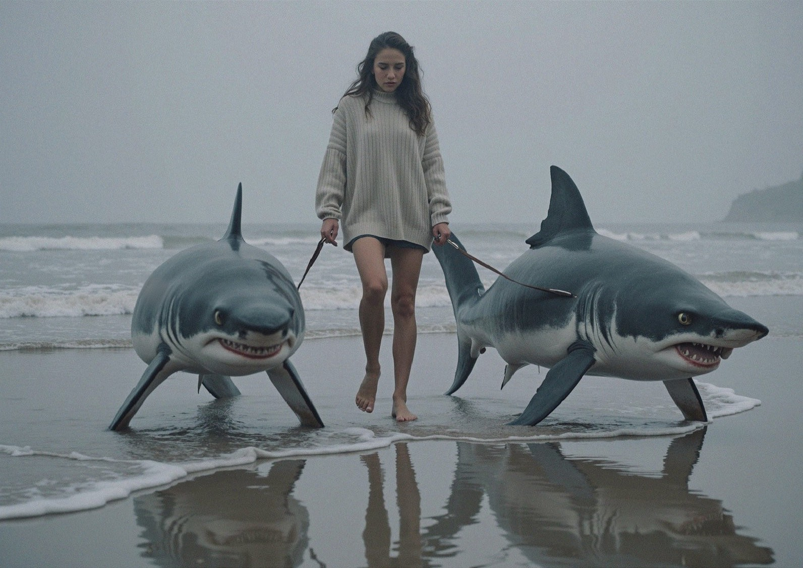 Woman in oversized sweater walks with shark models on beach