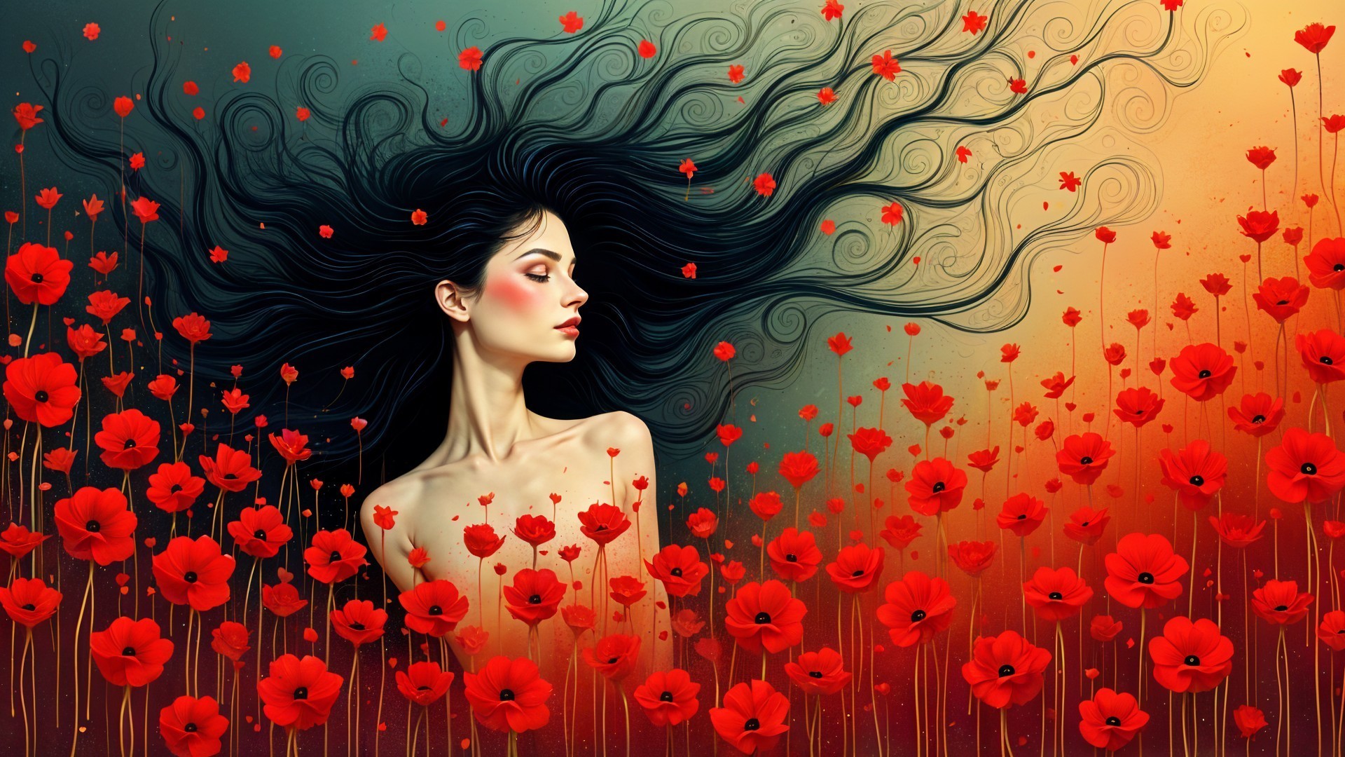 Digital Artwork of Woman with Poppies and Warm Tones