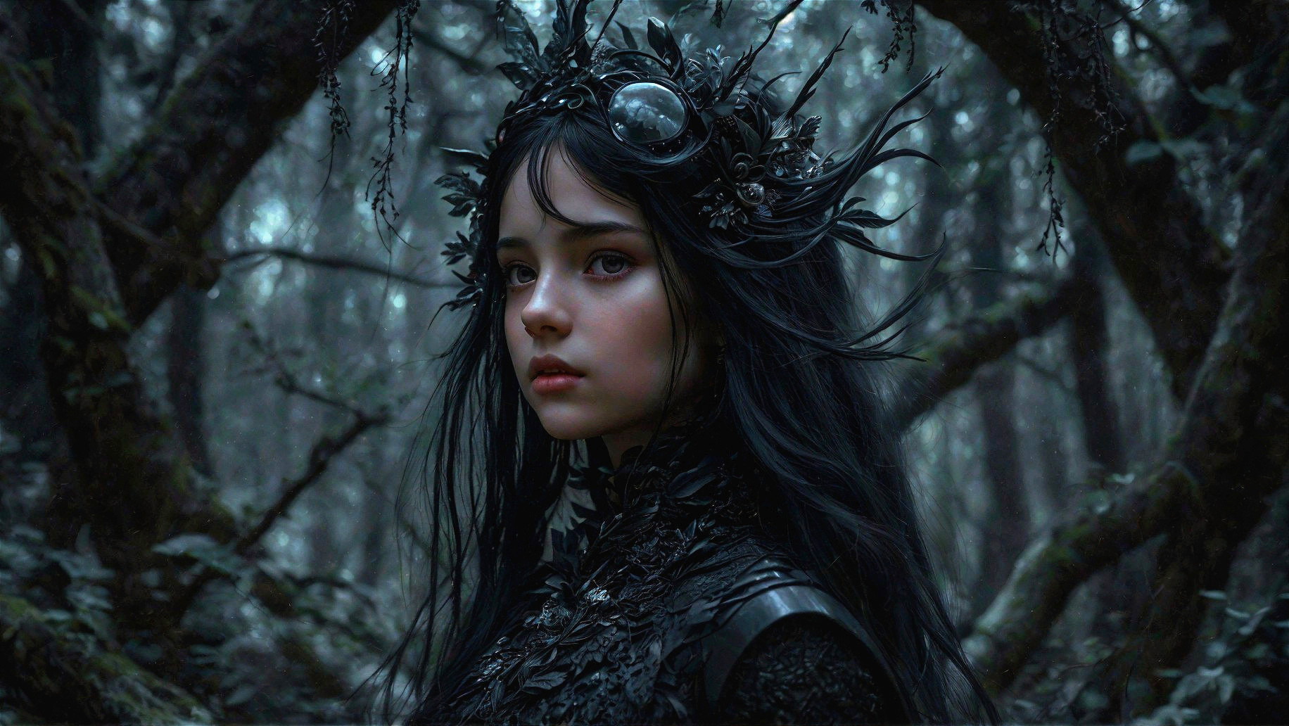 Young woman in a mystical forest with dark trees