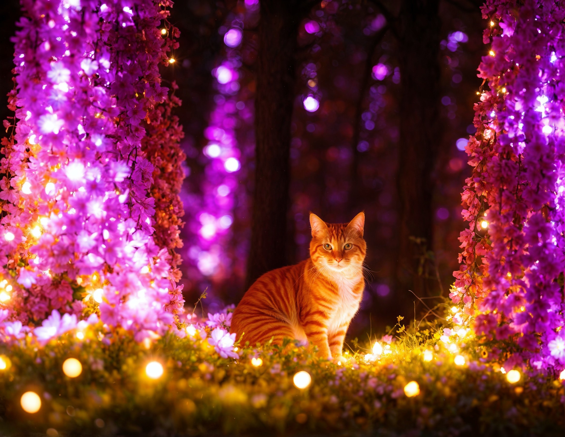 Orange Tabby Cat in Enchanted Flower Forest