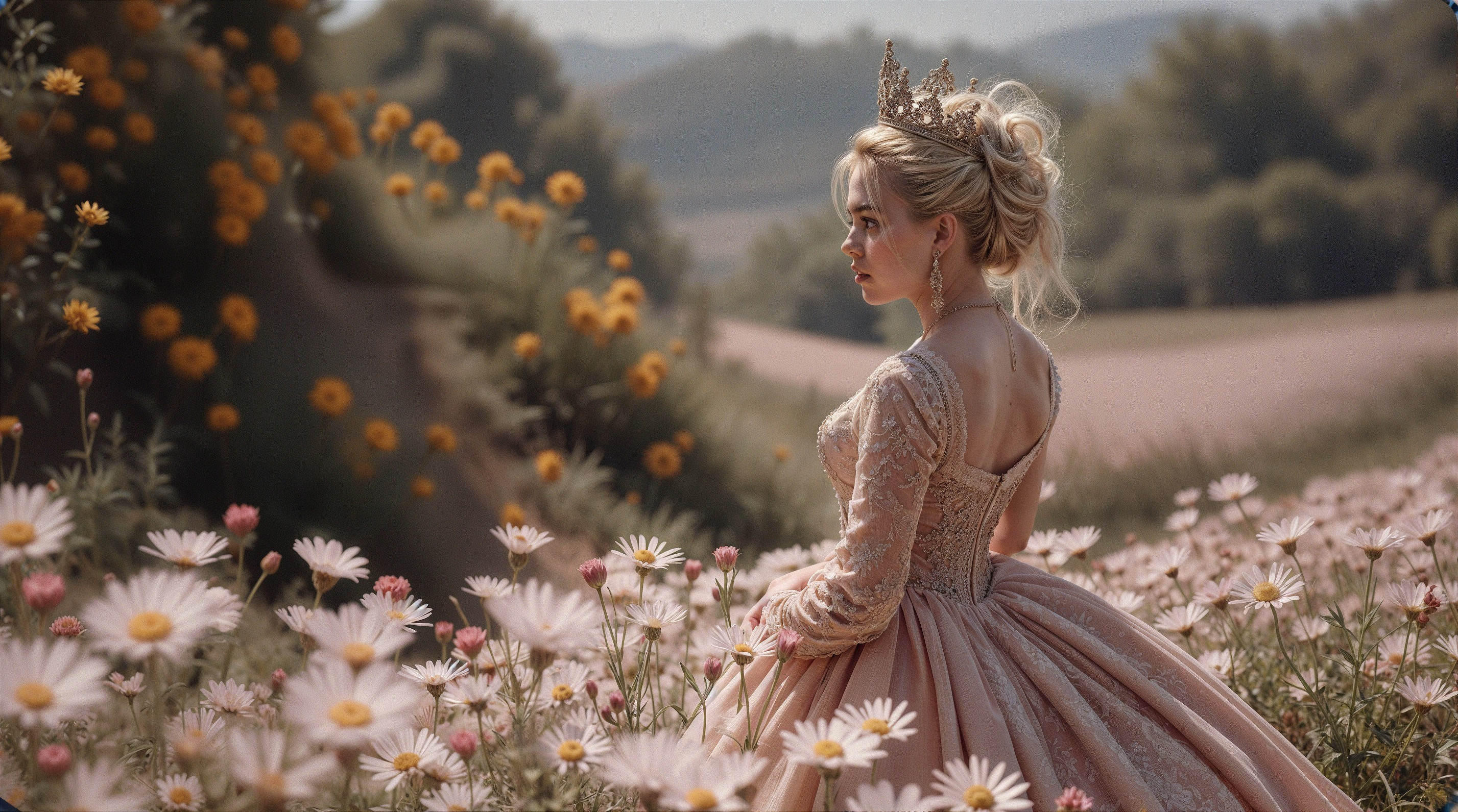 Elegant woman in pink gown in daisy field