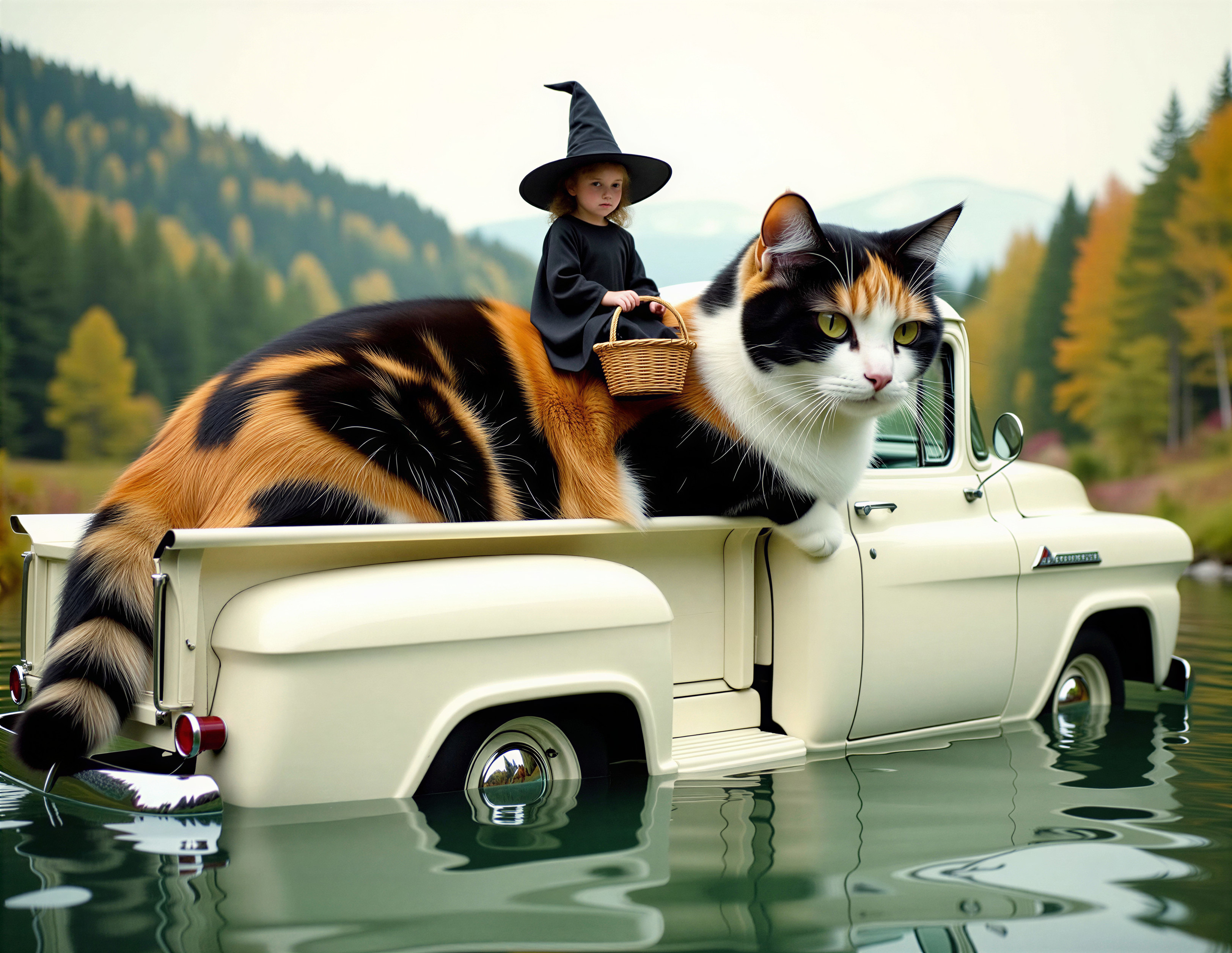 Calico Cat and Child in Vintage Truck on Lake