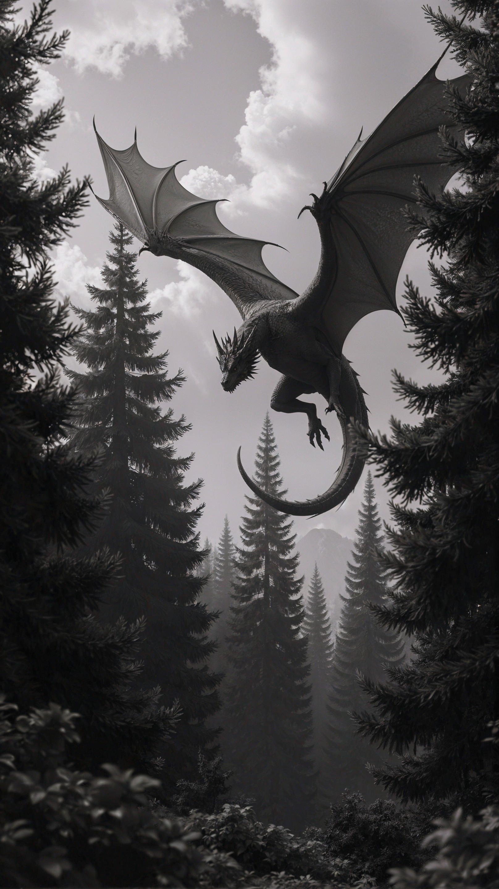 Majestic dragon soaring over a dense forest landscape
