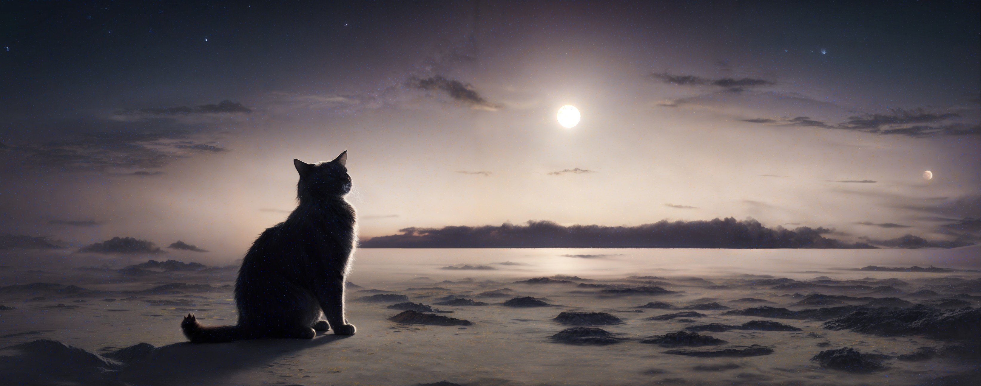 Cat Silhouette Against Twilight Landscape with Two Moons