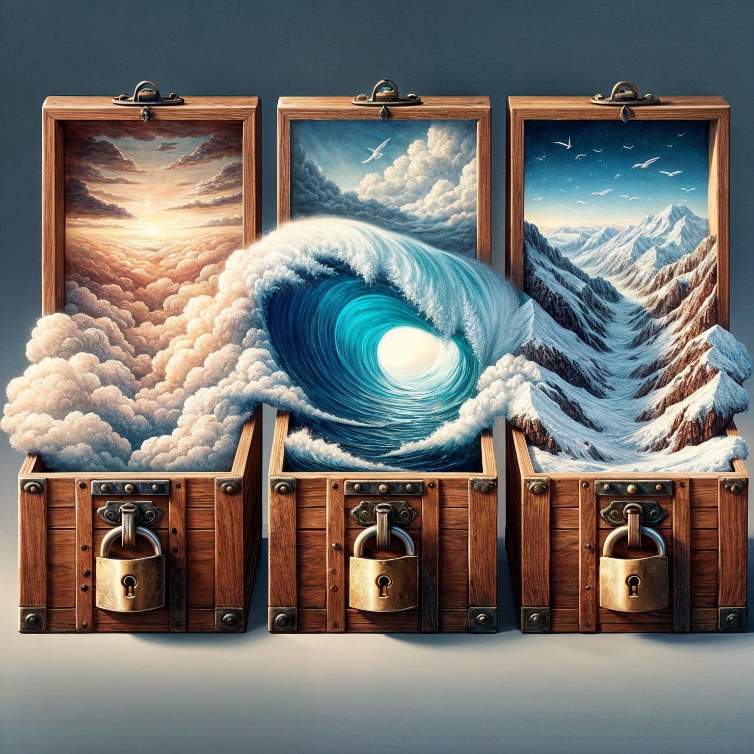 Ornate Wooden Crates with Scenic Nature Displays