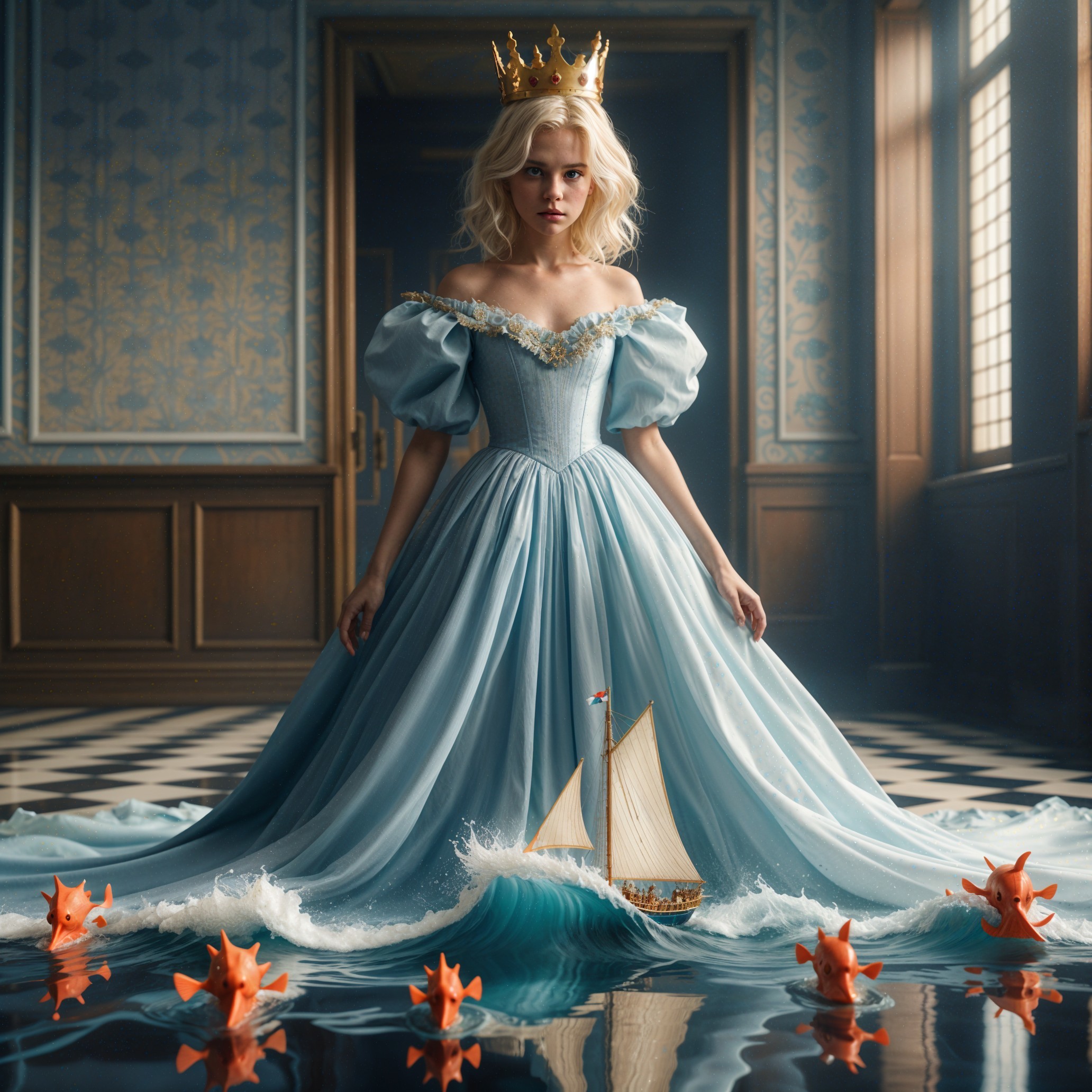 Young woman in blue gown with goldfish and ship