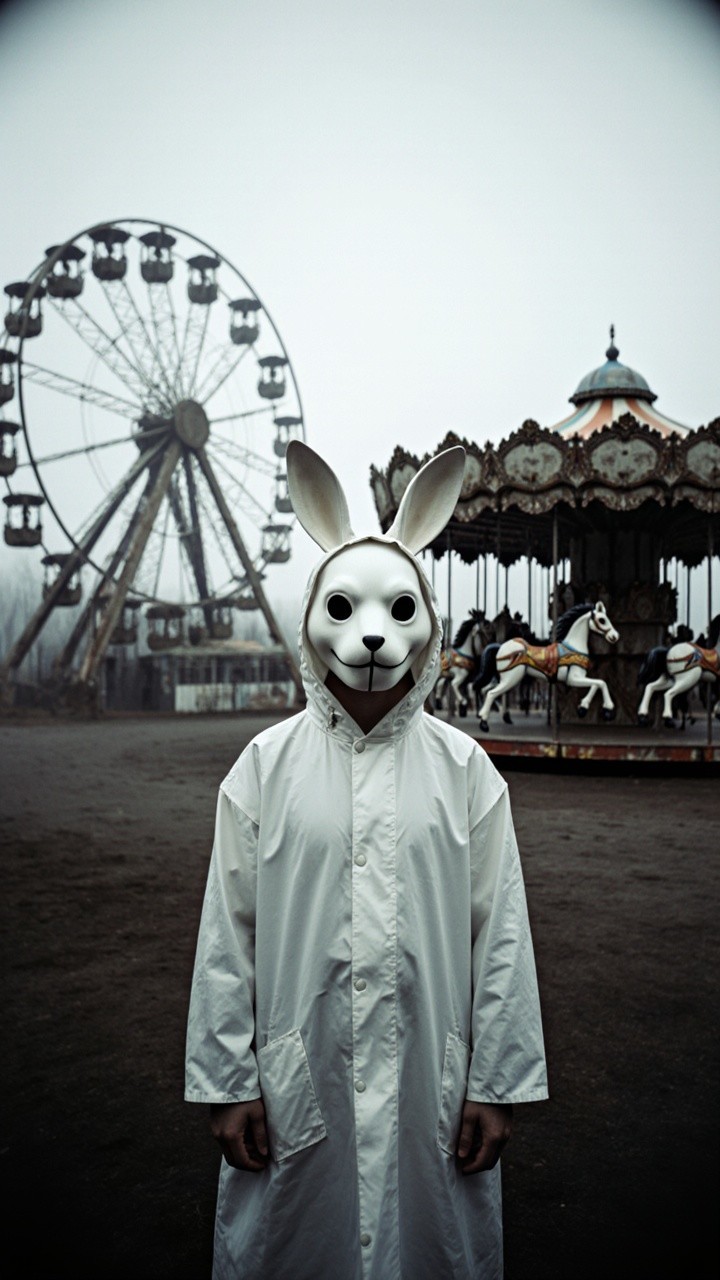 Eerie figure in rabbit mask at abandoned amusement park