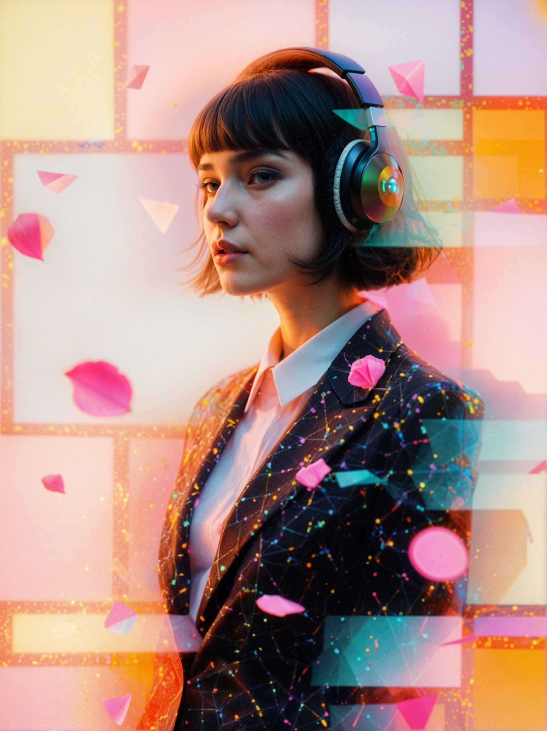 Young woman in patterned blazer with modern bob hairstyle