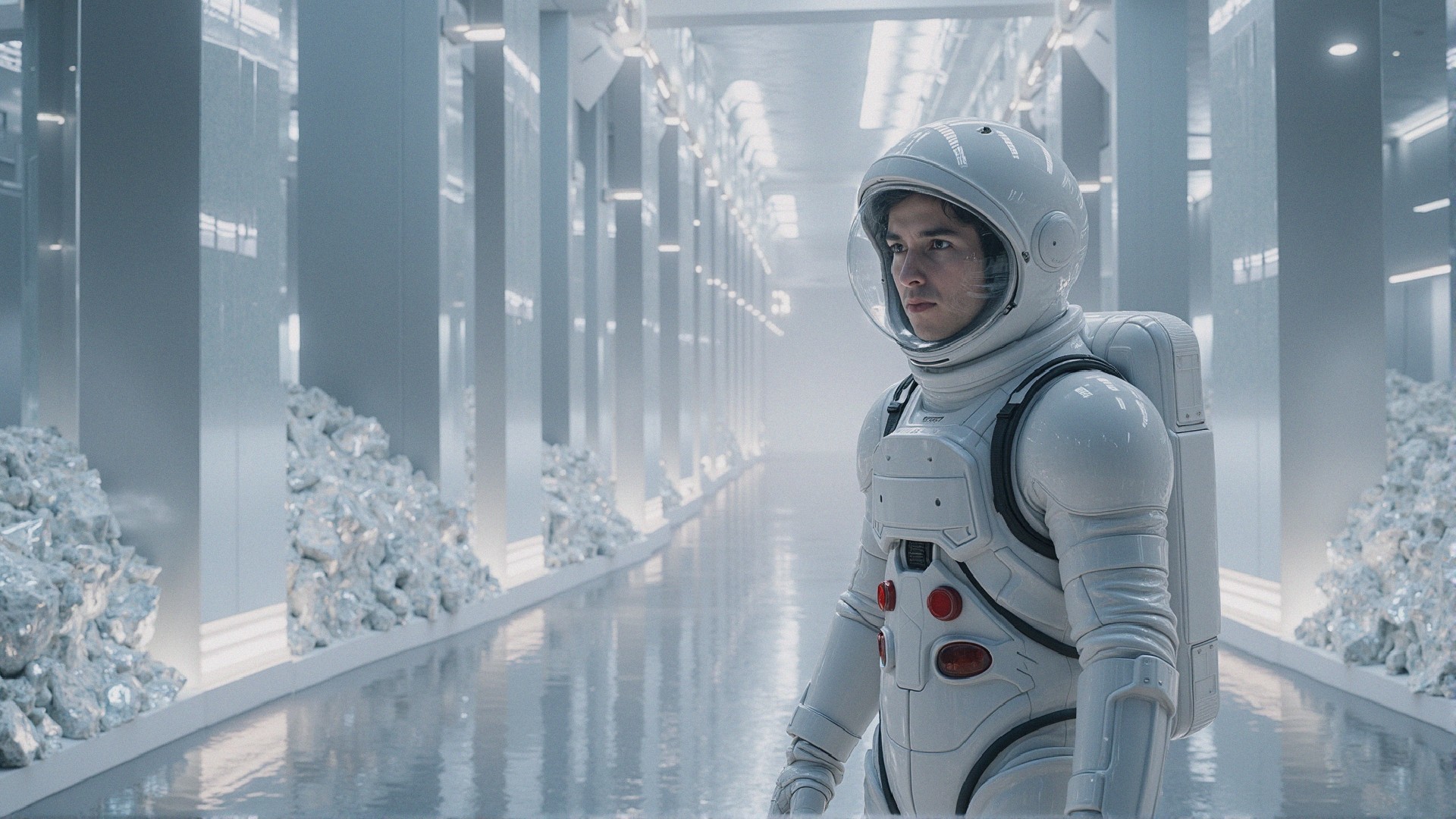 Astronaut in Futuristic Corridor with Crystalline Structures