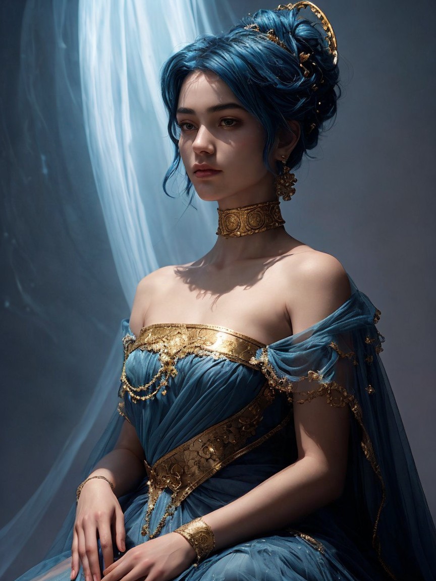 Portrait of a Woman in Blue Gown with Gold Accents