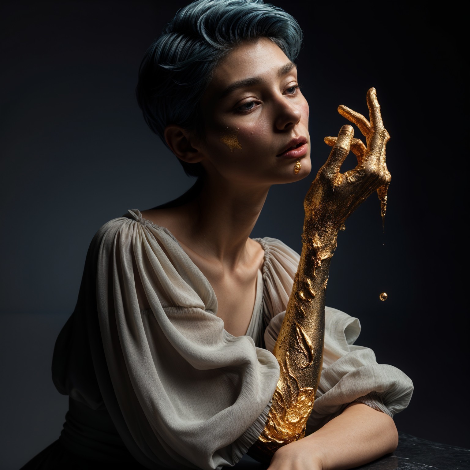 Young woman with teal hair and golden accents