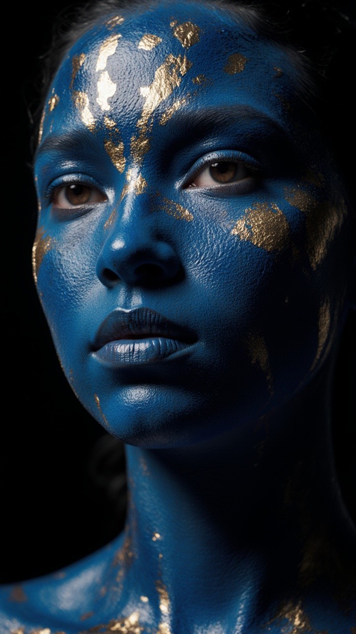 Close-Up of Blue Body Paint with Gold Leaf Accents