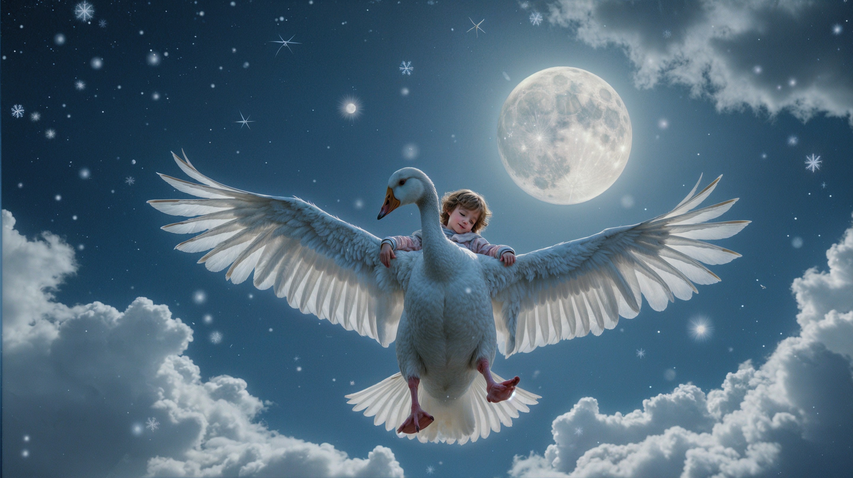 Child Riding a Swan Under a Starry Sky