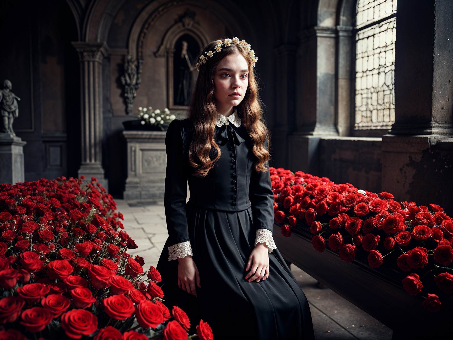 Young girl in vintage dress among roses in church