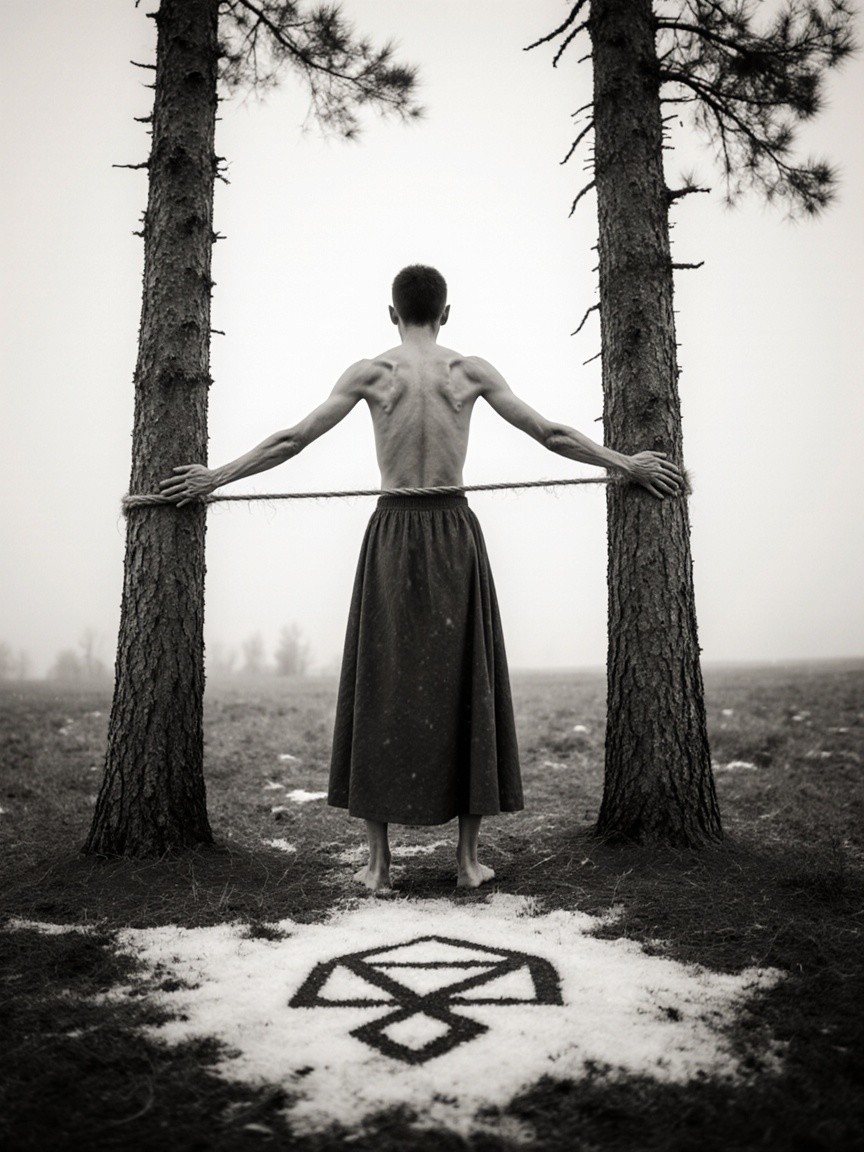 Black and white image of a tied person in nature