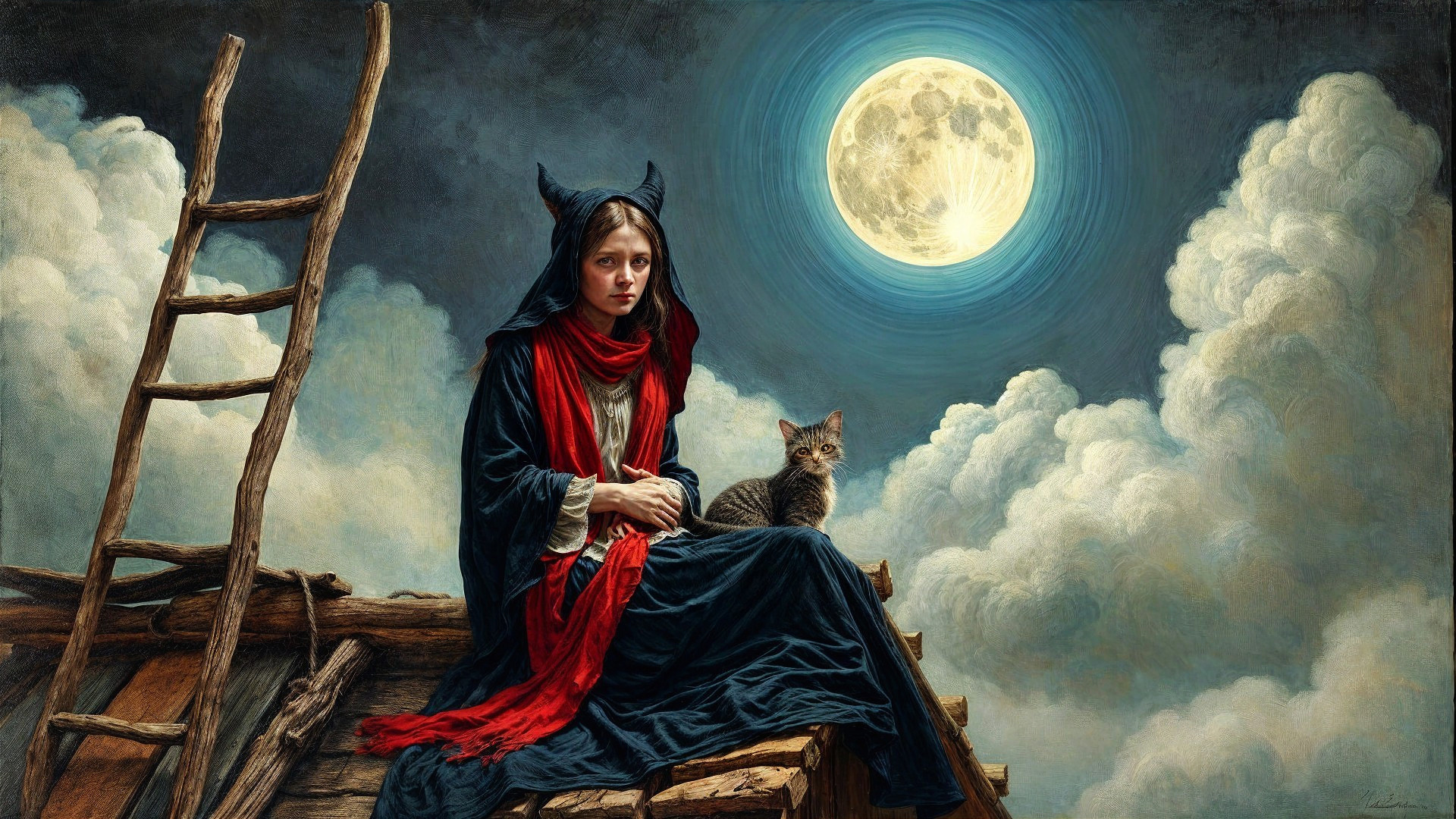 Mysterious Figure on Rooftop Under Full Moon